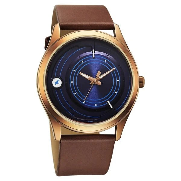 Fastrack Groove Quartz Analog Blue Dial Brown Leather Strap Watch For Guy