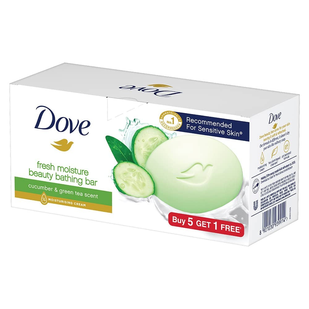 Dove Fresh Beauty Bar (pack of 6) 75g each for Hydrated Skin with Cucumber & Green Tea Leaves scent,Dove Beauty Bar, Cucumber & Green Tea, Hydrating Soap,
