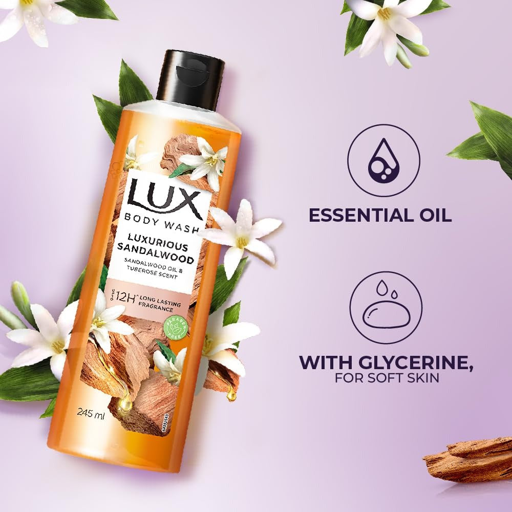 Lux Luxurious Sandalwood with Sandalwood Oil & Tuberose Scent, 245 ml,Lux Sandalwood bodywash, Lux Tuberose bodywash, Sandalwood oil body wash