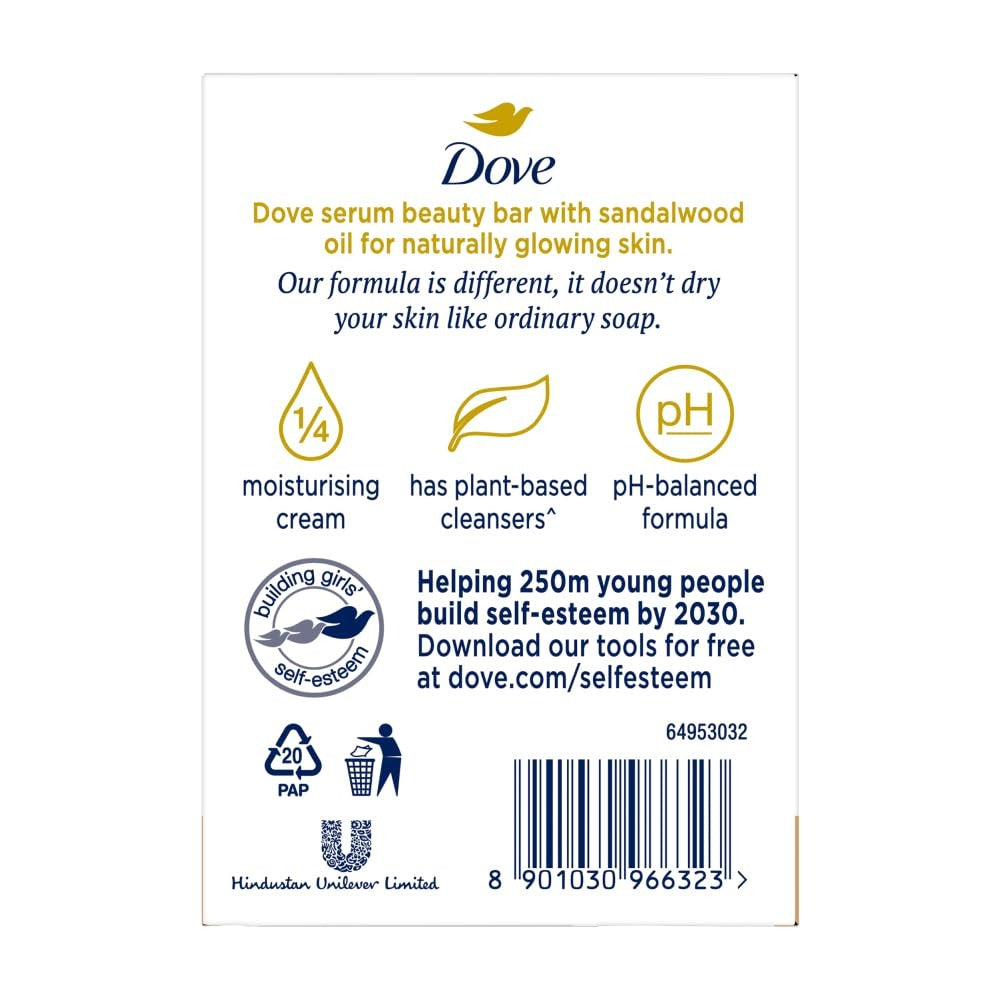 Dove Serum Bar | with Sandalwood Oil | Sandal Glow | 375g (125g x 3),Dove Serum Bar with Sandalwood Oil delivers a natural sandal glow while deeply nourishing.