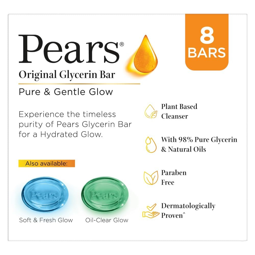 Pears Pure & Gentle Bathing Soap Bar 125 g (Combo Pack of 8) Moisturizing Glycerin Soap for Soft|| Glowing Skin & Body - Paraben Free|| For Men & Women,