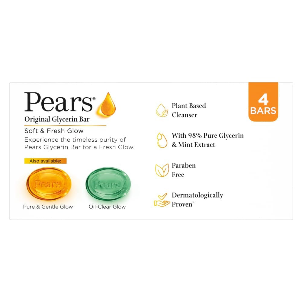 Pears Soft & Fresh Bathing Soap Bar 125 g (3+1 Free Combo) With Glycerin & Mint|| Cooling Soap for Glowing Skin & Body - Paraben Free|| For Men & Women,