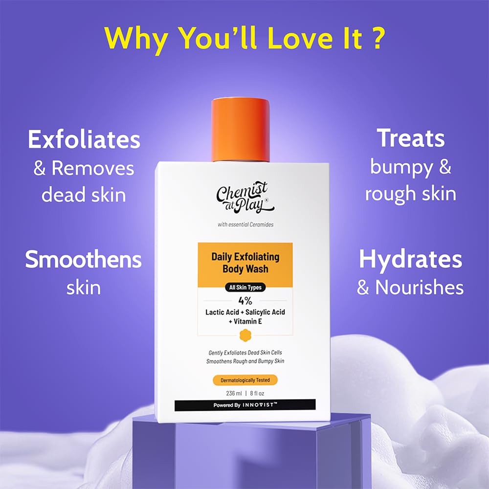 Chemist At Play Exfoliating Body Wash 236ml | Removes Tan, Fights Body Acne, Strawberry Skin | 4% (Salicylic Acid, Vitamin E & Lactic Acid) | Gentle Exfoliating