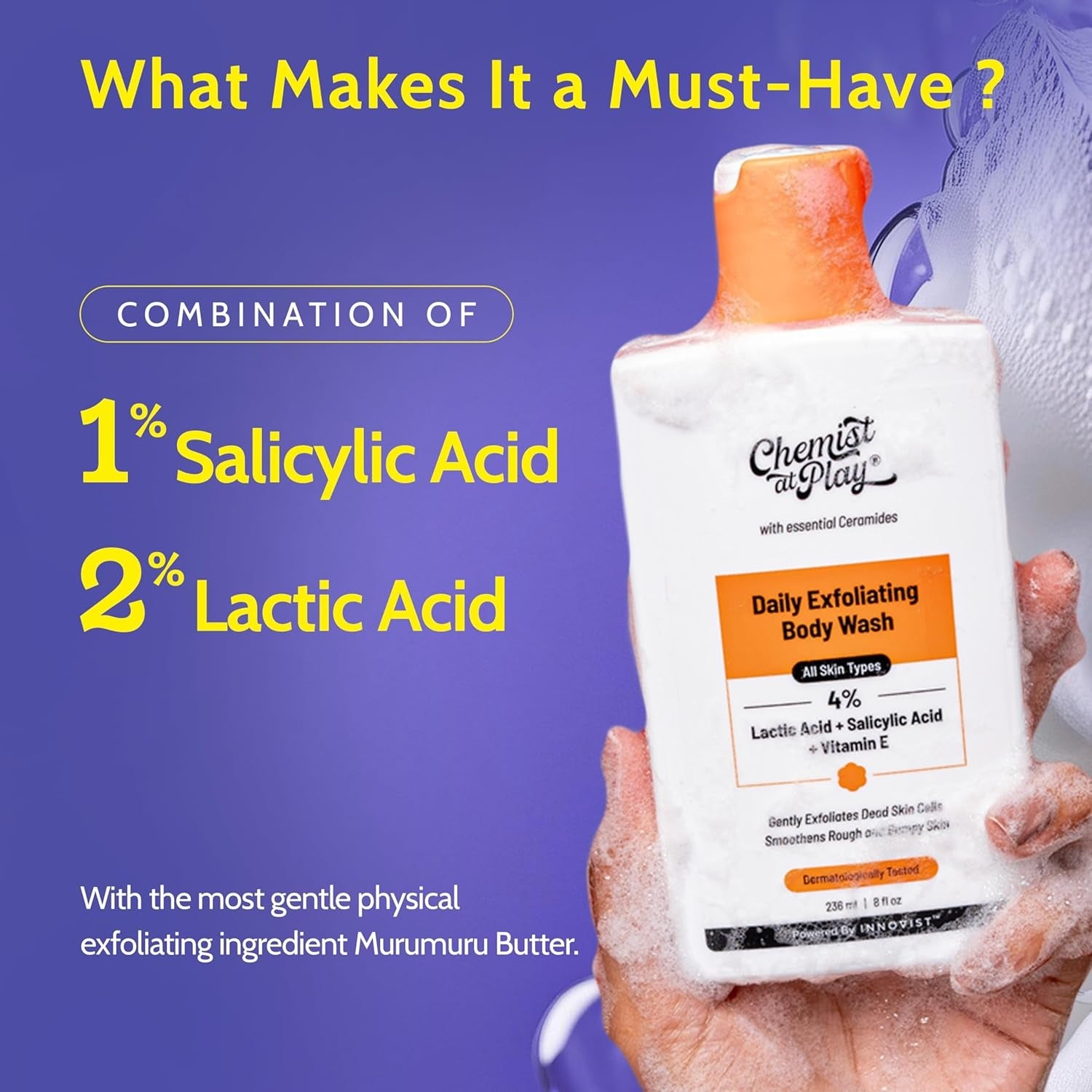 Chemist At Play Exfoliating Body Wash 236ml | Removes Tan, Fights Body Acne, Strawberry Skin | 4% (Salicylic Acid, Vitamin E & Lactic Acid) | Gentle Exfoliating