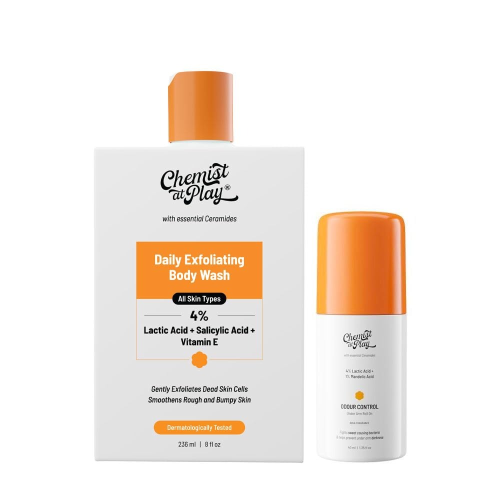Chemist At Play Exfoliating Body Wash + Under-Arm Roll-On, Aqua Fragrance | Prevent Dry, Rough, Bumpy Skin, Brightens Skin & Exfoliates Underarm