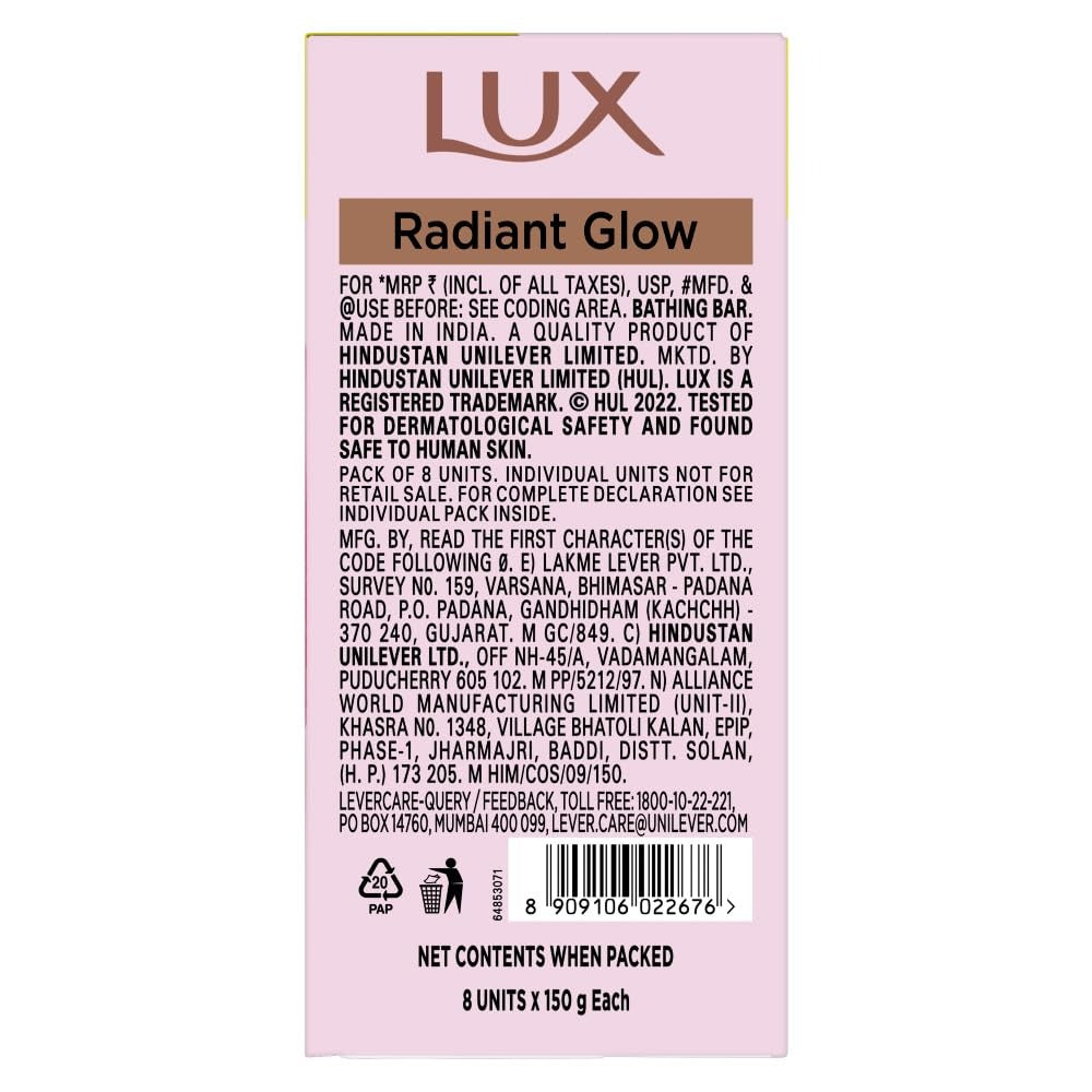 Lux Radiant Glow Bathing Soap infused with Vitamin C & E For Superior Glow Offer Pack of 8 x 150g,Lux Radiant Glow Soap, Vitamin C Soap, Vitamin E Soap,