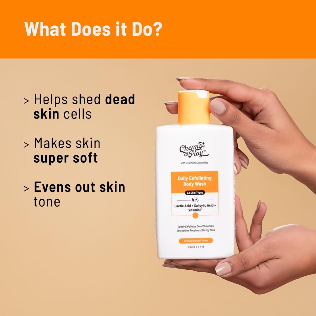 Chemist At Play 1% Salicylic Acid Exfoliating Body Wash 236ml +Brightening Body Lotion | Skin Moisturization | Arbutin & Vitamin C | 200 ml | Men & Women