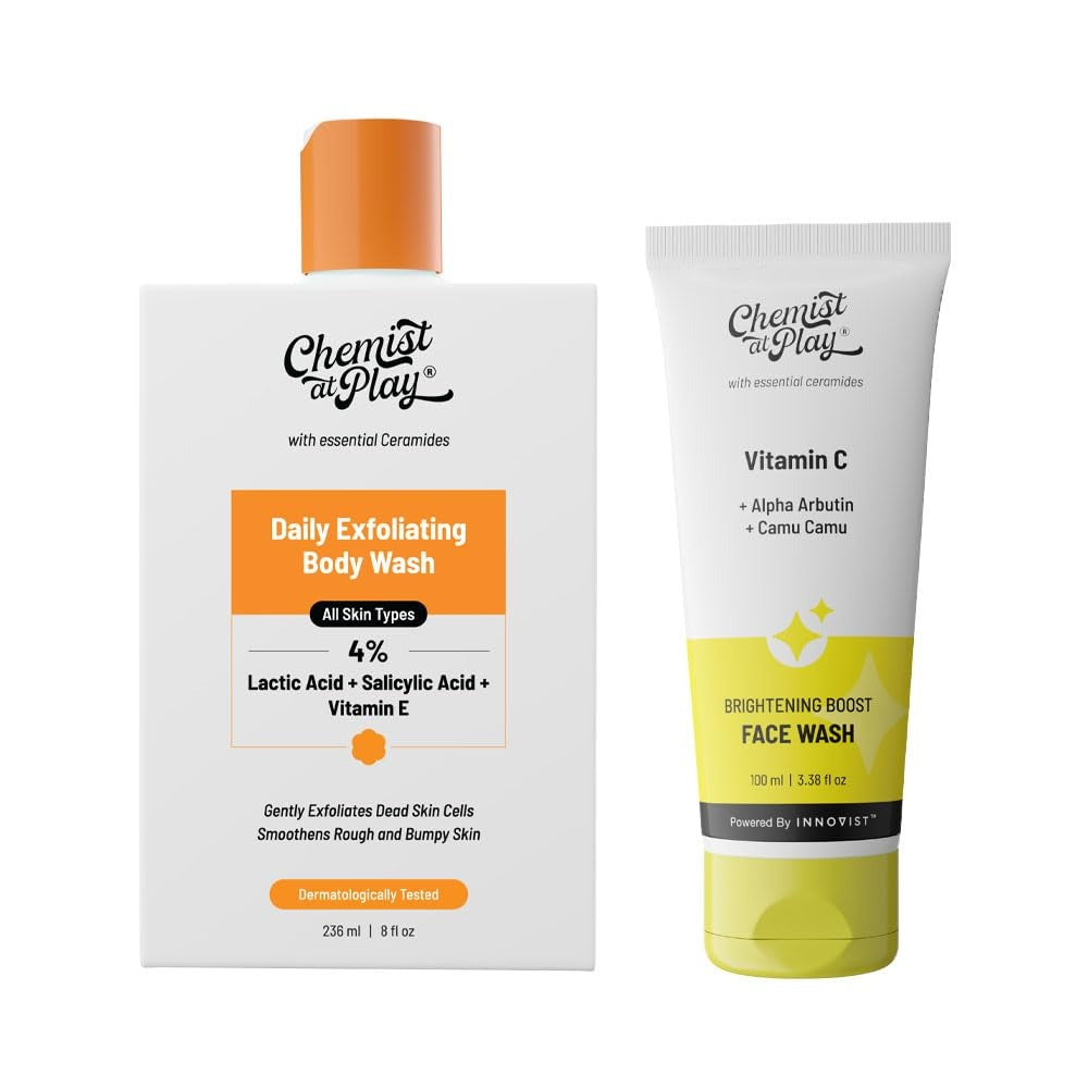 Chemist At Play 1% Salicylic Acid Exfoliating Body Wash 236ml + Brightening Boost Face Wash with 30x Vitamin C 100 ml