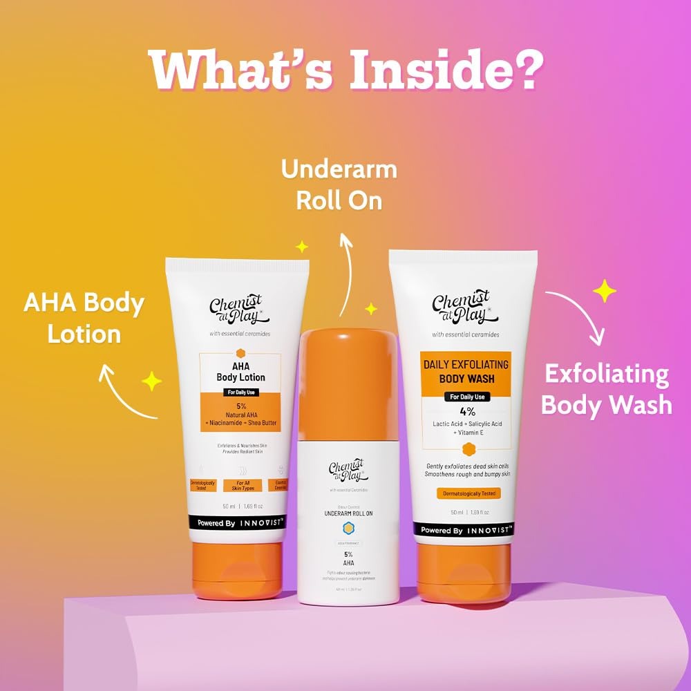 Chemist At Play Exfoliating Kit | Exfoliating Body Wash Removes Tan | Underarm Roll On Fights Odour & Brightens Underarm | AHA Body Lotion Nourishes Skin | 140m