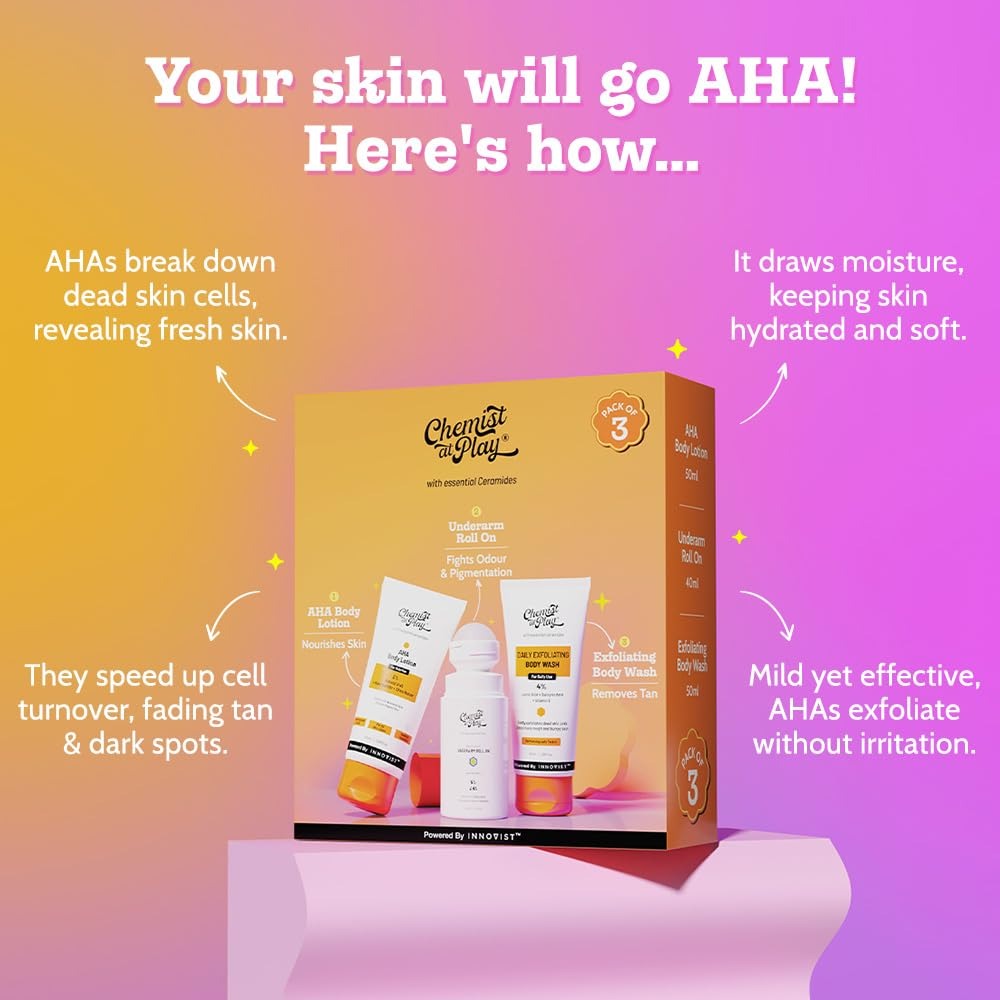 Chemist At Play Exfoliating Kit | Exfoliating Body Wash Removes Tan | Underarm Roll On Fights Odour & Brightens Underarm | AHA Body Lotion Nourishes Skin | 140m