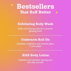 Chemist At Play Exfoliating Kit | Exfoliating Body Wash Removes Tan | Underarm Roll On Fights Odour & Brightens Underarm | AHA Body Lotion Nourishes Skin | 140m