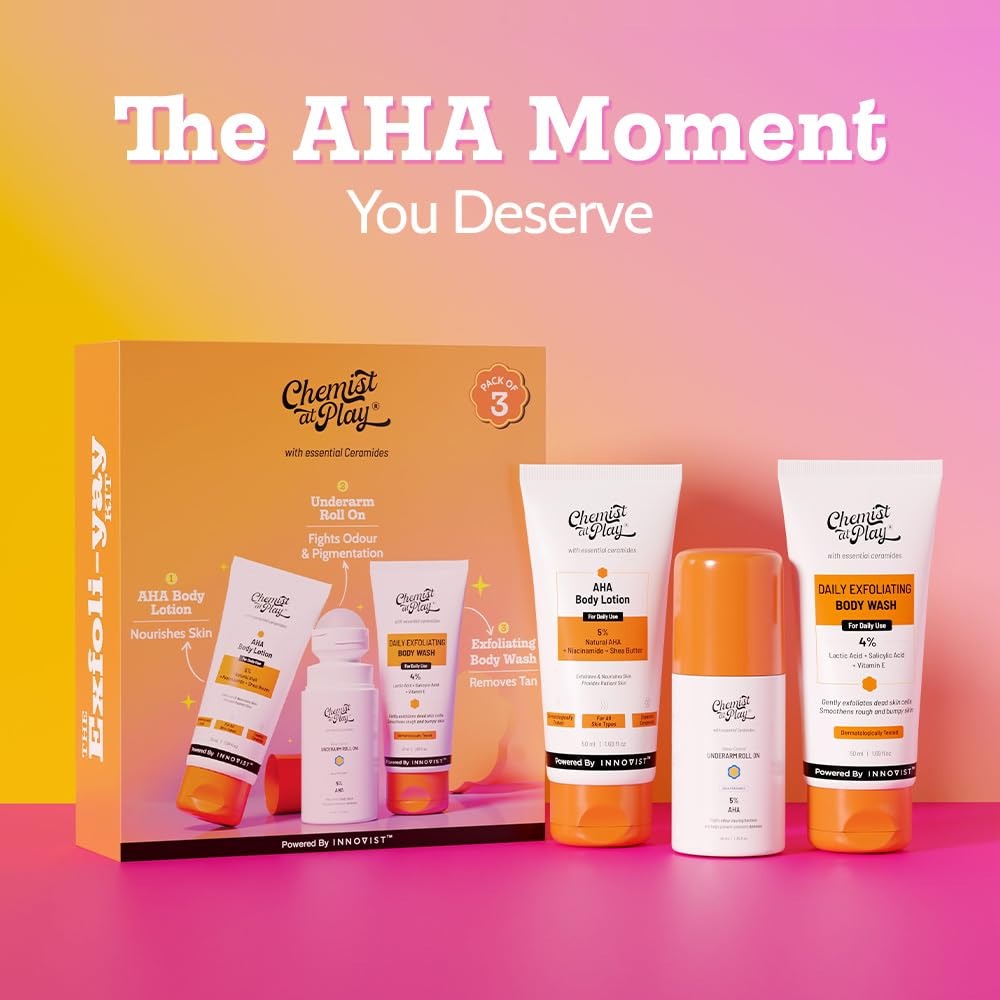 Chemist At Play Exfoliating Kit | Exfoliating Body Wash Removes Tan | Underarm Roll On Fights Odour & Brightens Underarm | AHA Body Lotion Nourishes Skin | 140m