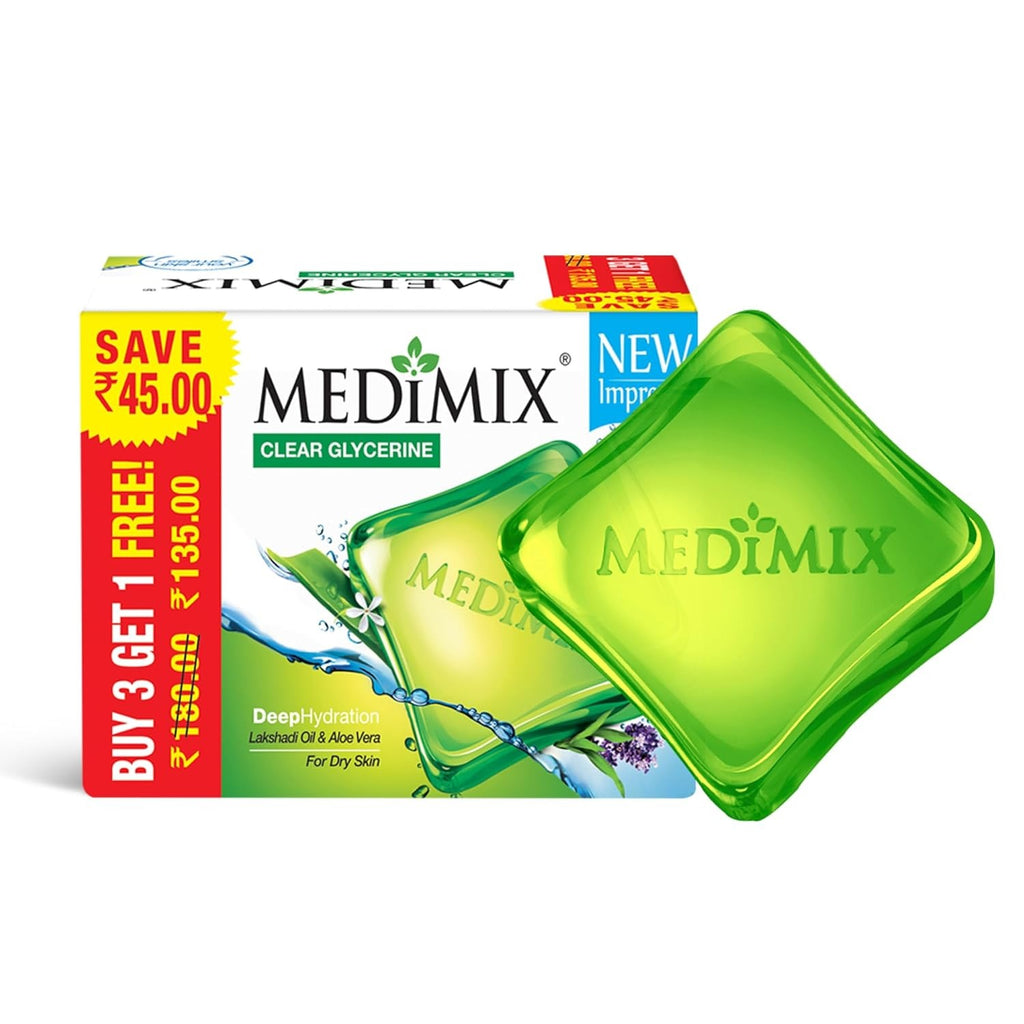 Medimix Clear Glycerine Bathing Bar Soap for Dry Skin 100g (3 + 1 Combo Pack) | Infused with Lakshadi Oil & Aloe Vera | Effective for Dry Skin,