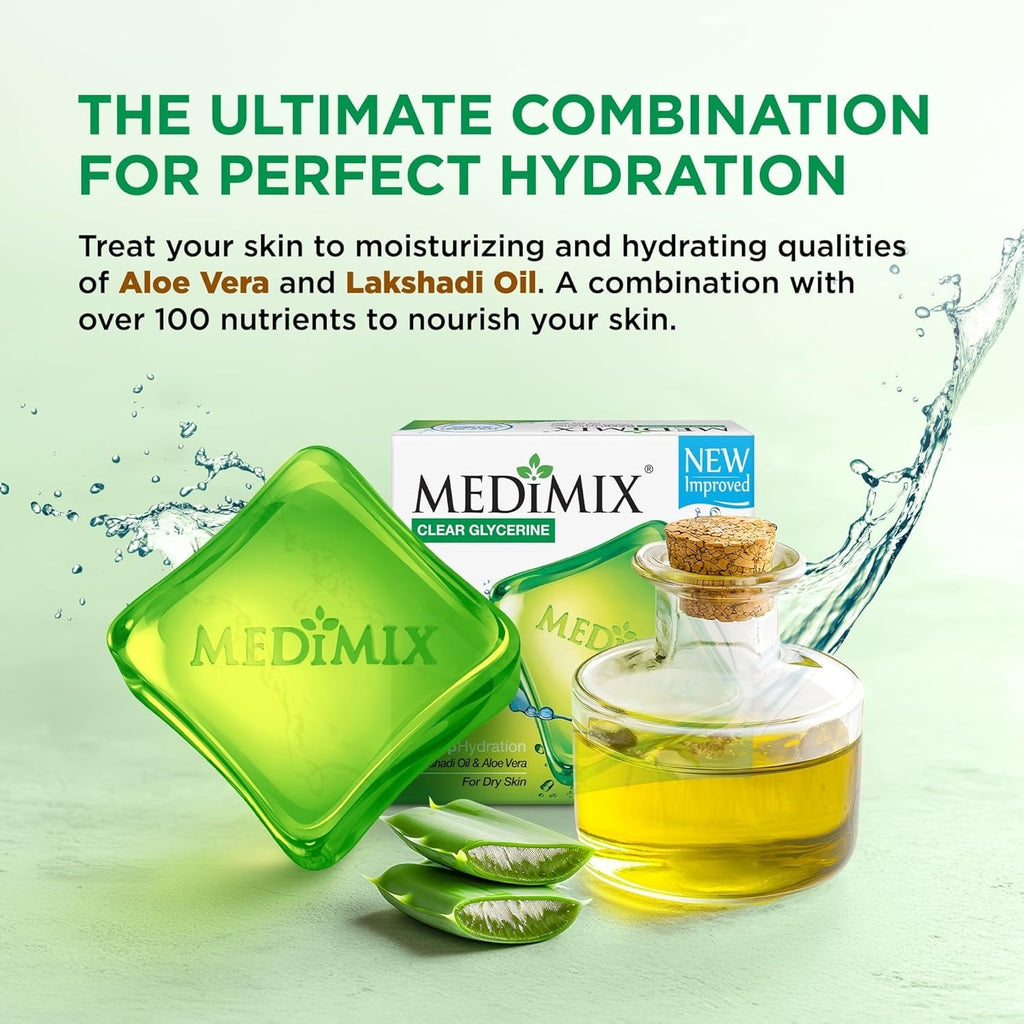 Medimix Clear Glycerine Bathing Bar Soap for Dry Skin 100g (3 + 1 Combo Pack) | Infused with Lakshadi Oil & Aloe Vera | Effective for Dry Skin,