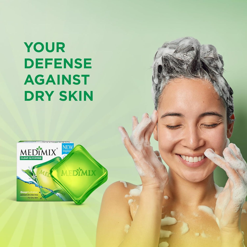 Medimix Clear Glycerine Bathing Bar Soap for Dry Skin 100g (3 + 1 Combo Pack) | Infused with Lakshadi Oil & Aloe Vera | Effective for Dry Skin,
