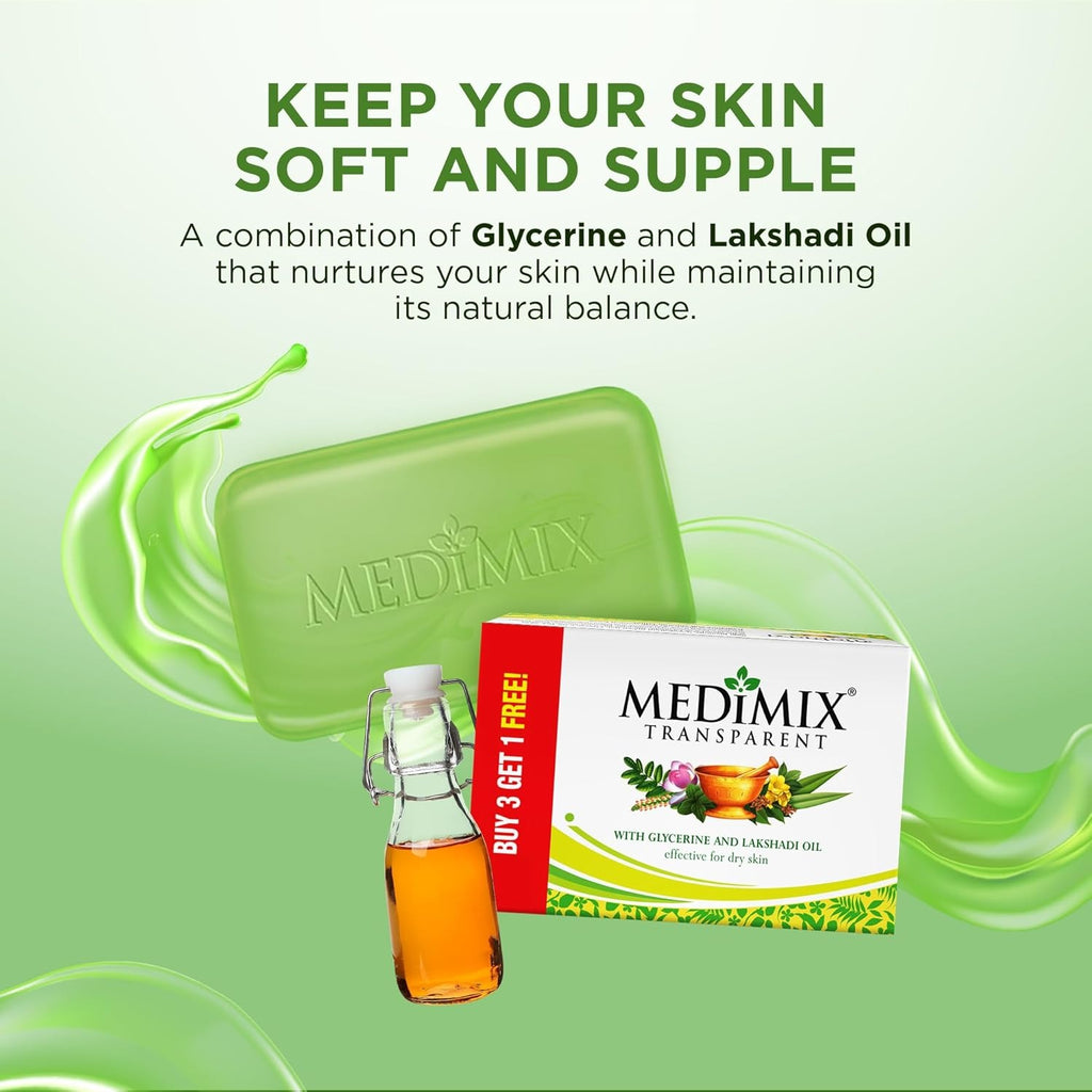 Medimix Transparent Ayurvedic Traditionally Made Bathing Bar Soap 125g (3 + 1 Combo Pack) | Infused with Glycerine and Lakshadi Oil | Effective for Dry Skin,