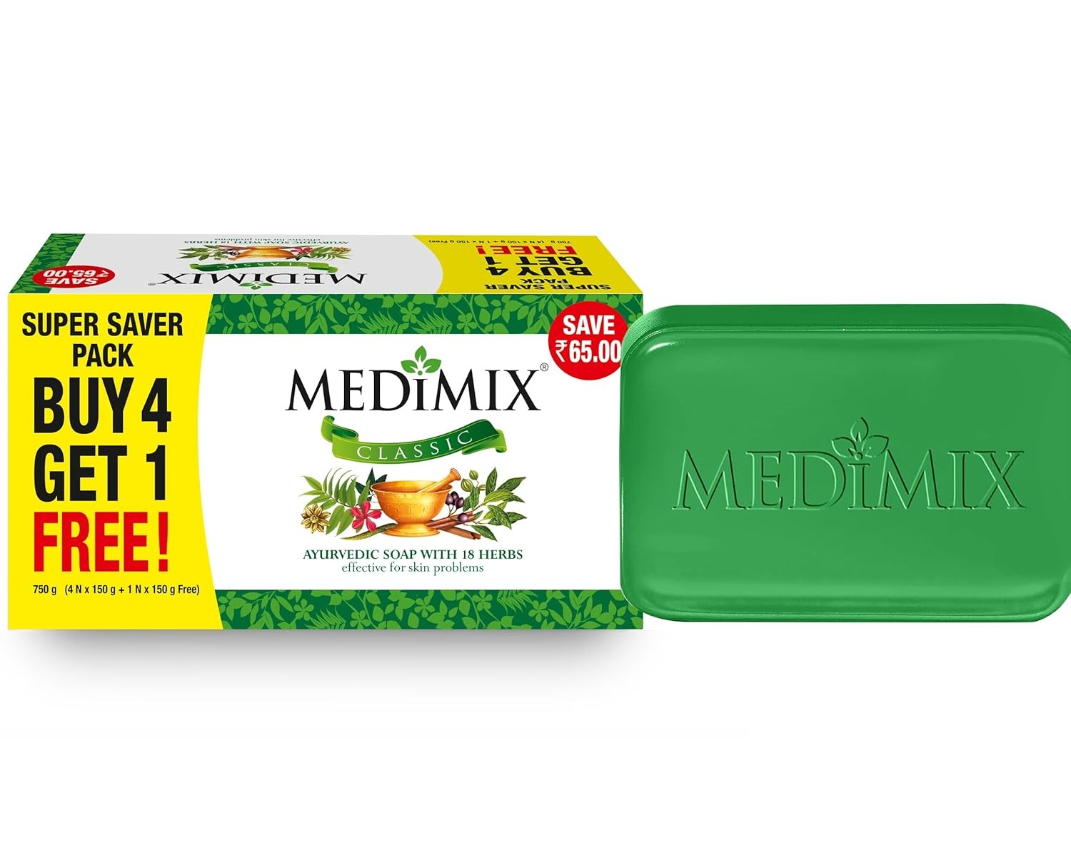 Medimix Classic Ayurvedic Traditionally Made Soap 150g (4 + 1 Combo Pack) | Infused with 18 Herbs | Effective for Skin Problems,Medimix soap, Medimix Classic,