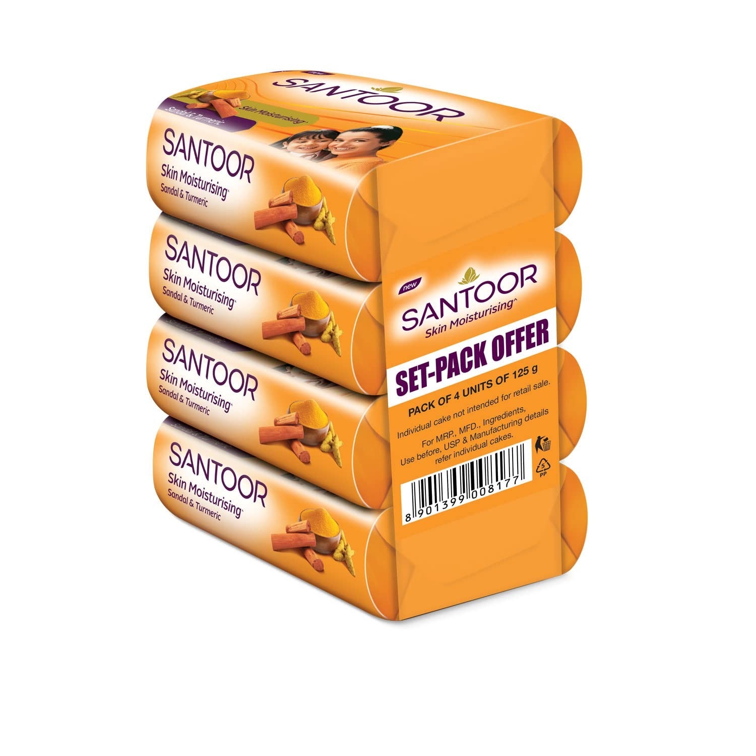 Santoor Sandal & Turmeric Soap for Total Skin Care, 125g (Pack of 4),Santoor soap, sandal soap, turmeric soap, skin brightening soap, herbal soap, natural soap,