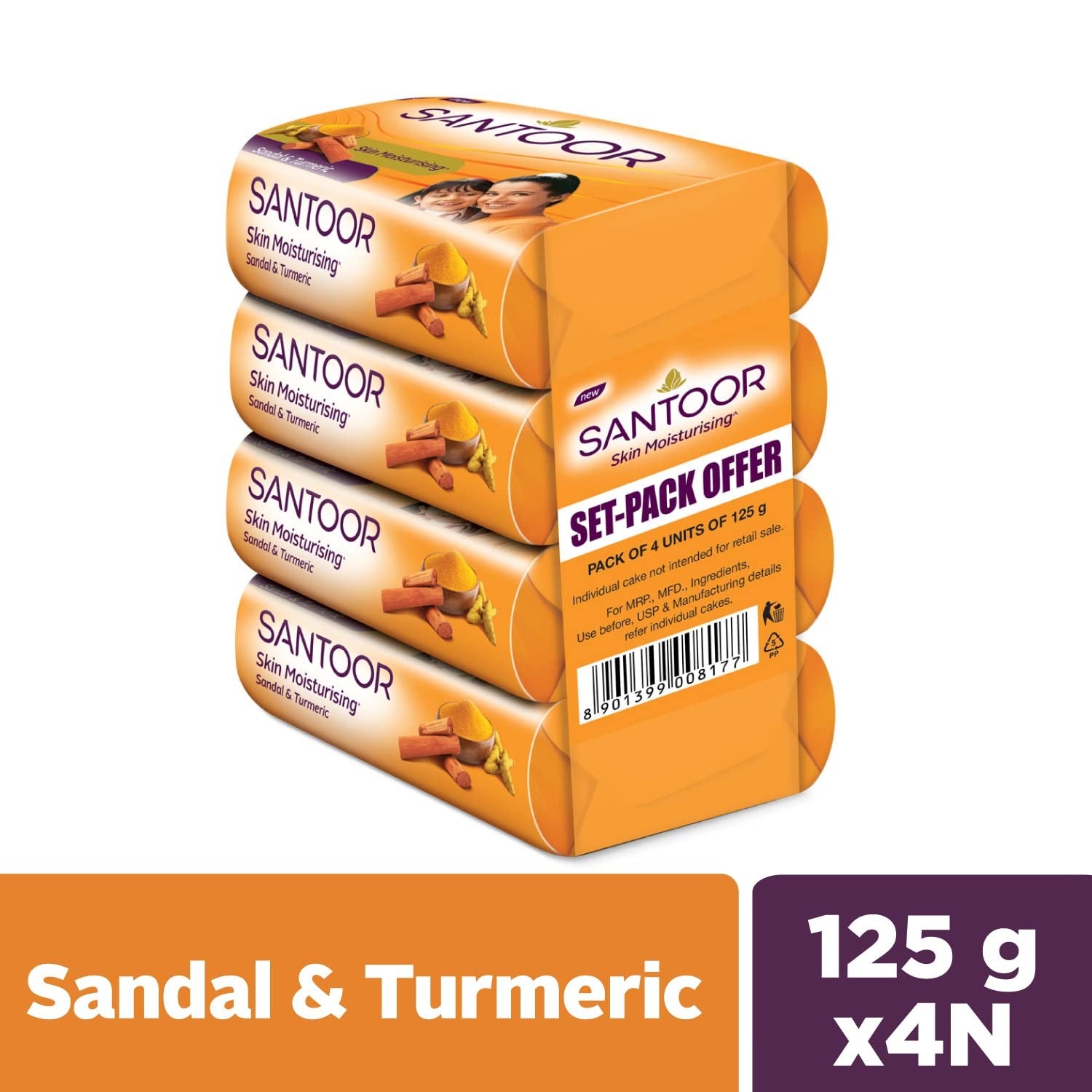 Santoor Sandal & Turmeric Soap for Total Skin Care, 125g (Pack of 4),Santoor soap, sandal soap, turmeric soap, skin brightening soap, herbal soap, natural soap,