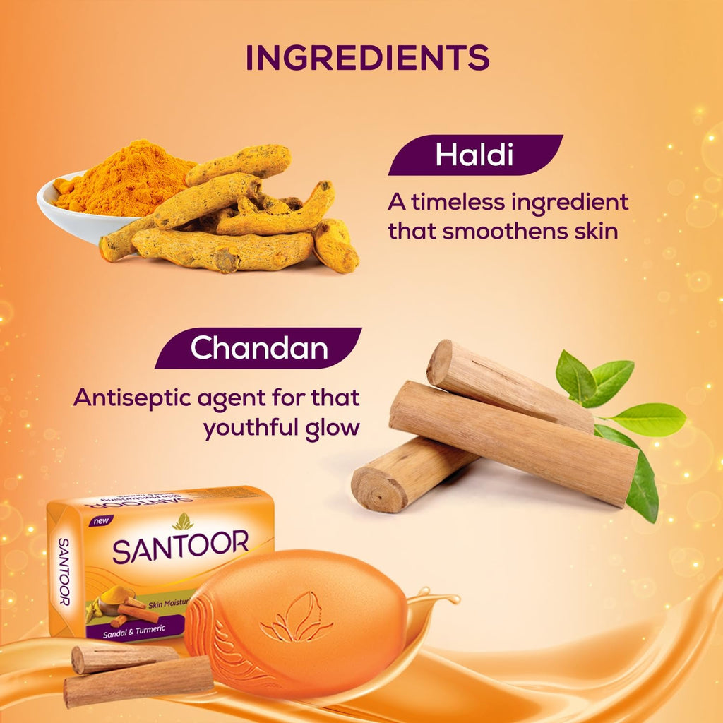 Santoor Sandal & Turmeric Soap for Total Skin Care, 125g (Pack of 4),Santoor soap, sandal soap, turmeric soap, skin brightening soap, herbal soap, natural soap,