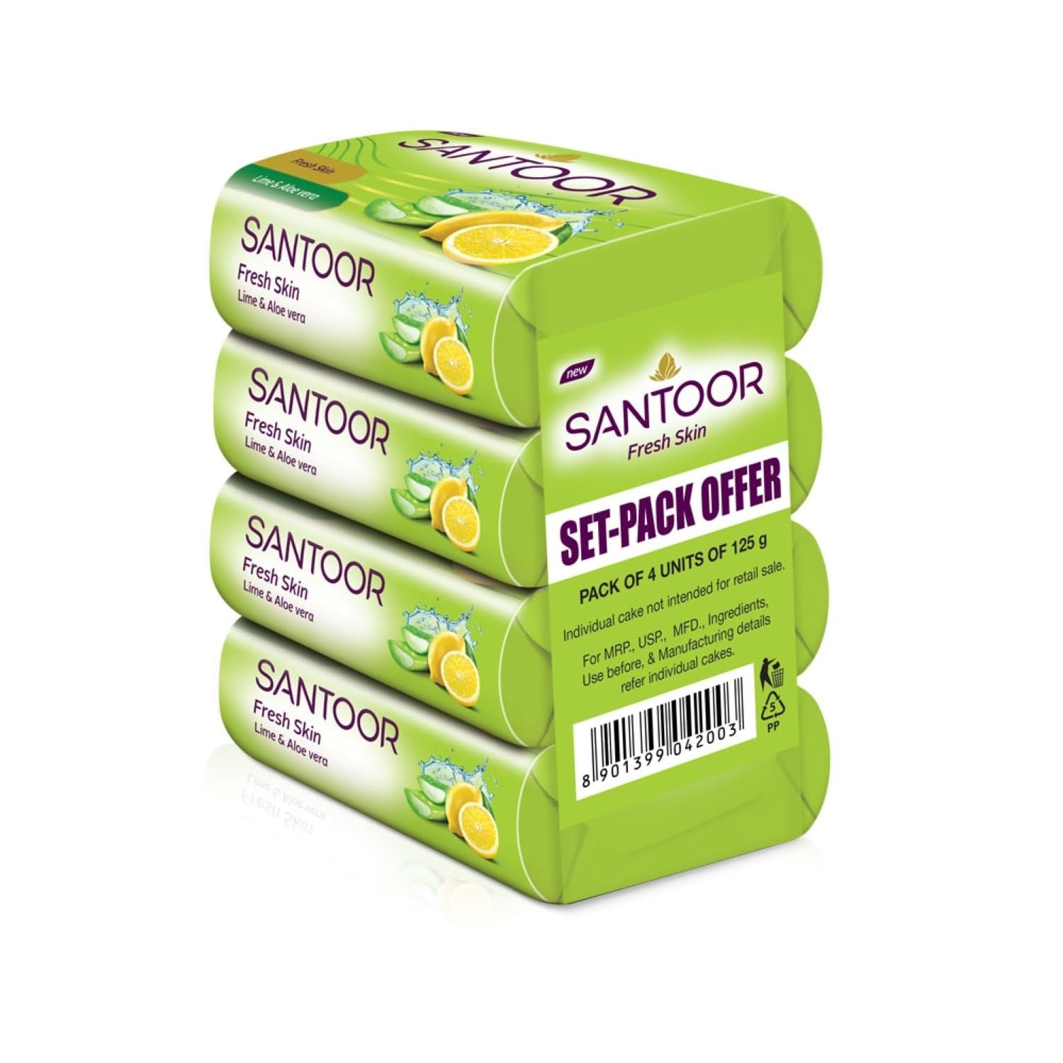 Santoor Fresh Skin Aloe Vera & Lime Bathing Soap with Nourishing & Anti-Aging Properties| For Smooth & Soft and Younger-Looking Skin| For All Skin Types| 125g,