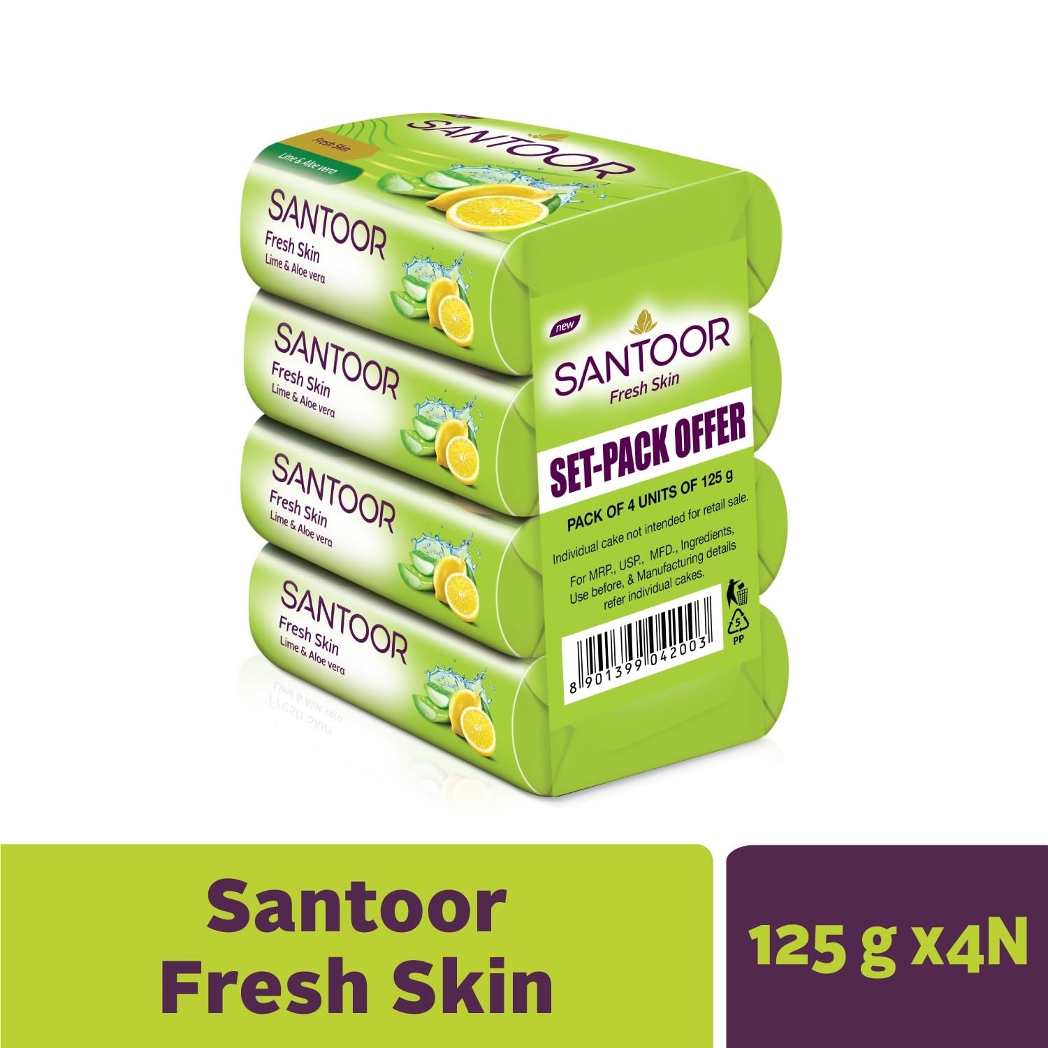 Santoor Fresh Skin Aloe Vera & Lime Bathing Soap with Nourishing & Anti-Aging Properties| For Smooth & Soft and Younger-Looking Skin| For All Skin Types| 125g,