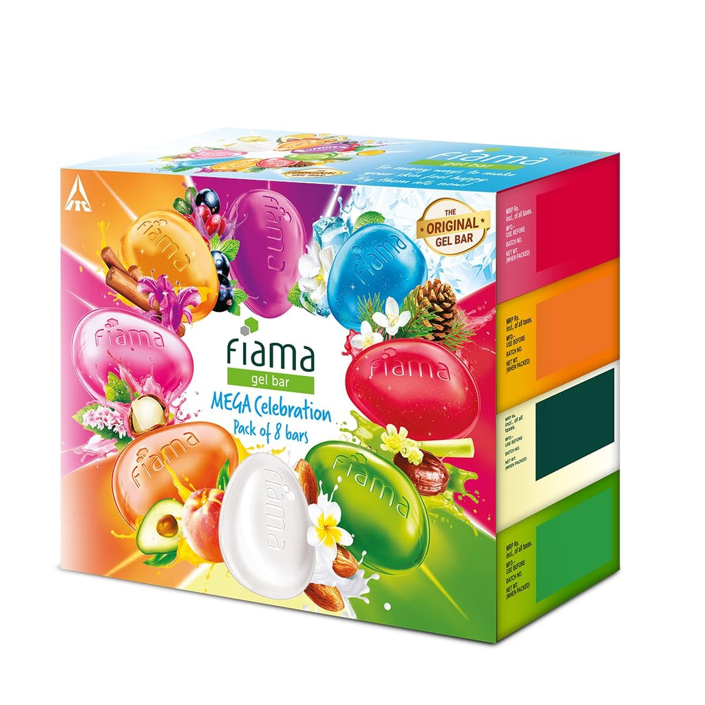 Fiama Gel Bathing Bar Mega Celebration Pack, With 8 Unique Gel Bars, 1000g (125g - Pack of 8), with Skin Conditioners For Moisturized Skin, Soap for Women & Men