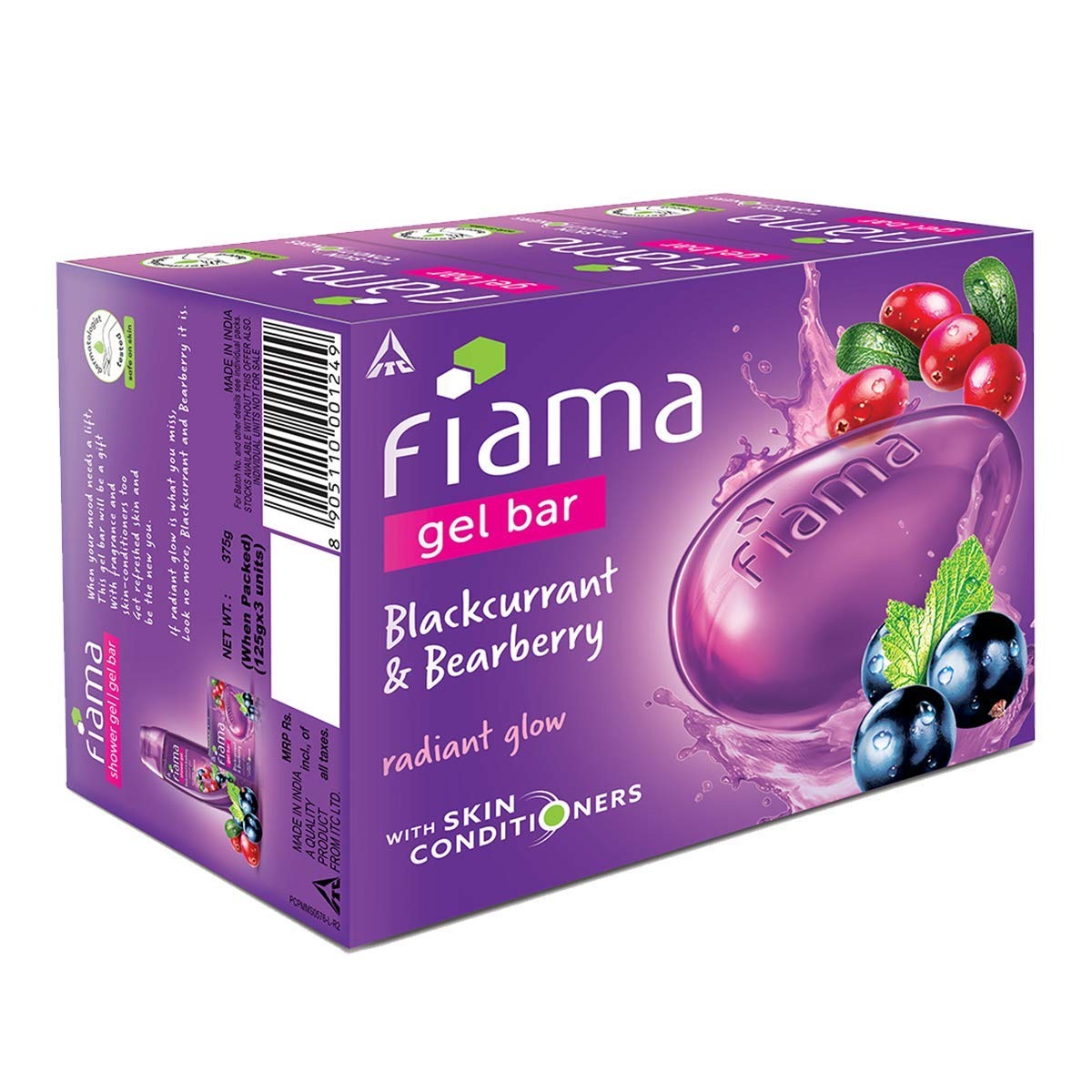 Fiama Gel Bar Blackcurrant And Bearberry for Radiant Glowing Skin, 375g (125g - Pack of 3), with Skin Conditioners, Soap for Women & Men, For All Skin Types,