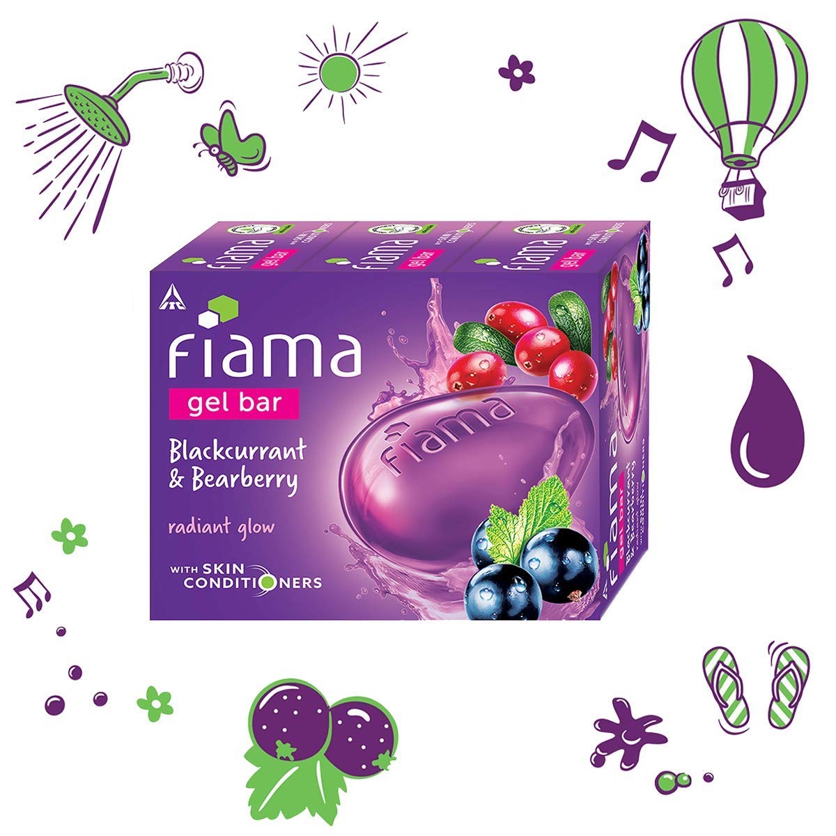 Fiama Gel Bar Blackcurrant And Bearberry for Radiant Glowing Skin, 375g (125g - Pack of 3), with Skin Conditioners, Soap for Women & Men, For All Skin Types,