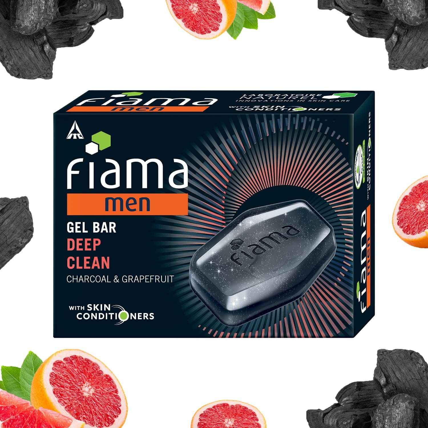 Fiama Men Deep Clean Gel Bar, with Charcoal, Grapefruit & Skin Conditioners, 125g Soap for Men, Skin Friendly pH, For All Skin Types