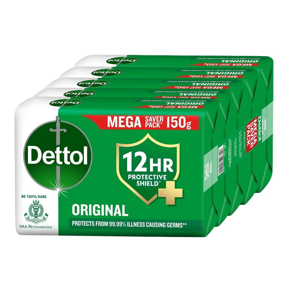 Dettol Original Bathing Soap Bar with 12 HR protective shield (750gm) | Kills 99.99% Germs, 150g (Pack of 5),Dettol soap, Original Dettol bathing bar,