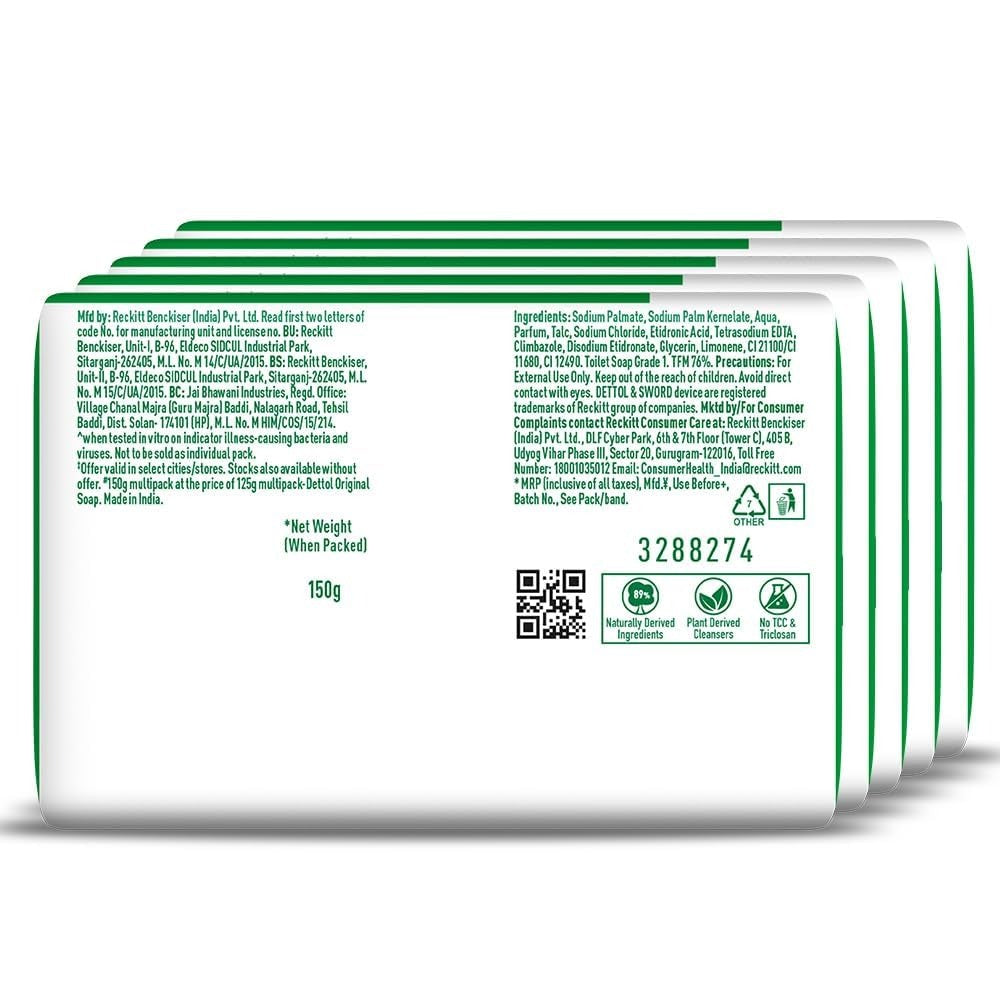 Dettol Original Bathing Soap Bar with 12 HR protective shield (750gm) | Kills 99.99% Germs, 150g (Pack of 5),Dettol soap, Original Dettol bathing bar,