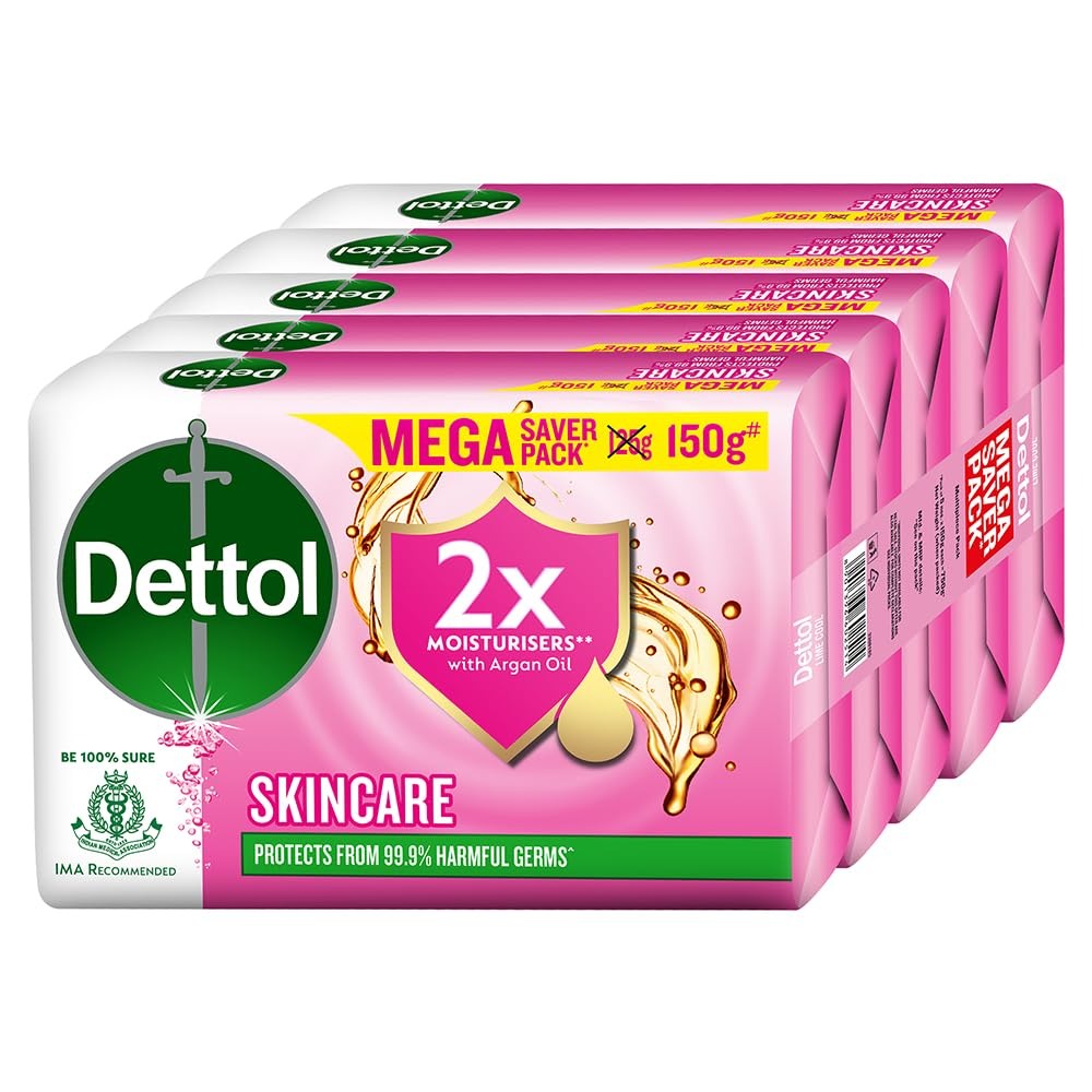 Dettol Skincare Moisturizing Beauty Bathing Soap Bar with Argan Oil (750gm) | Softer Skin, 150gm, Pack of 5,Dettol skincare soap, moisturizing bathing bar,