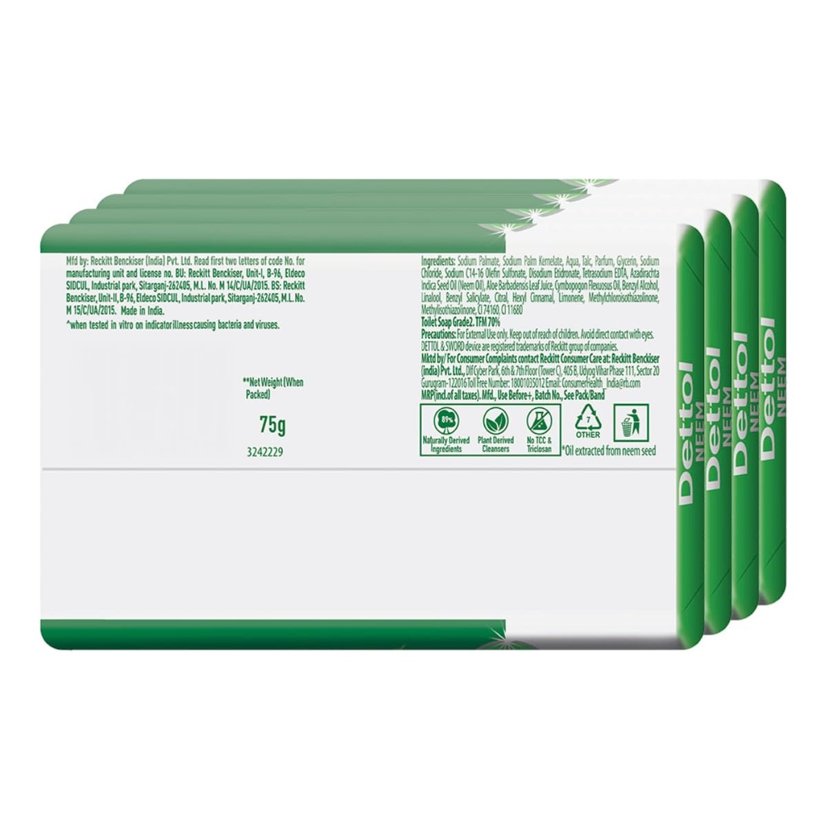 Dettol Neem Bathing Soap Bar With Pure Neem Oil, 75G (Buy 3 Get 1 Free), Combo Offer On Bath Soap,Dettol Neem Soap, Neem Bathing Bar, Pure Neem Oil Soap,