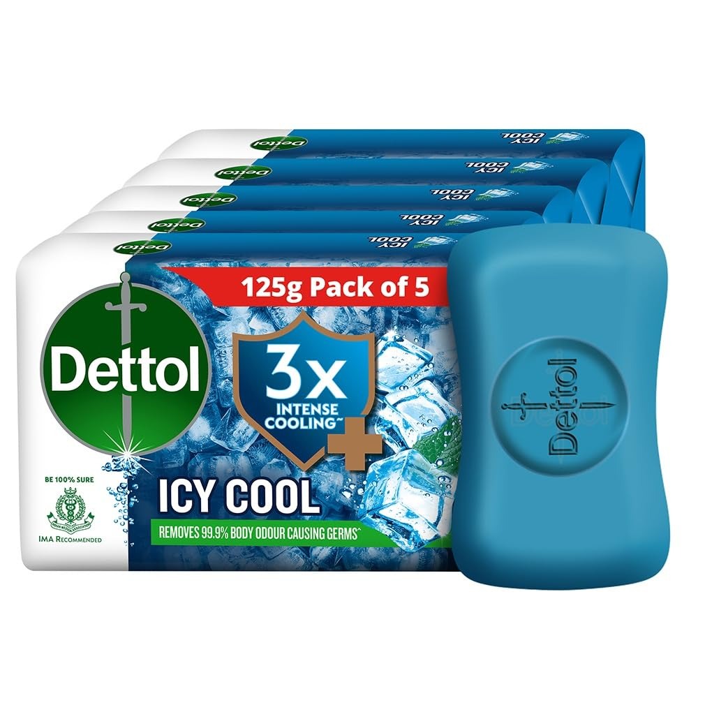 Dettol Icy Cool Bathing Soap Bar With 3x intense cooling (625gm), 125gm - Pack of 5,Dettol Icy Cool Soap, Cooling Bathing Bar, Menthol Soap,