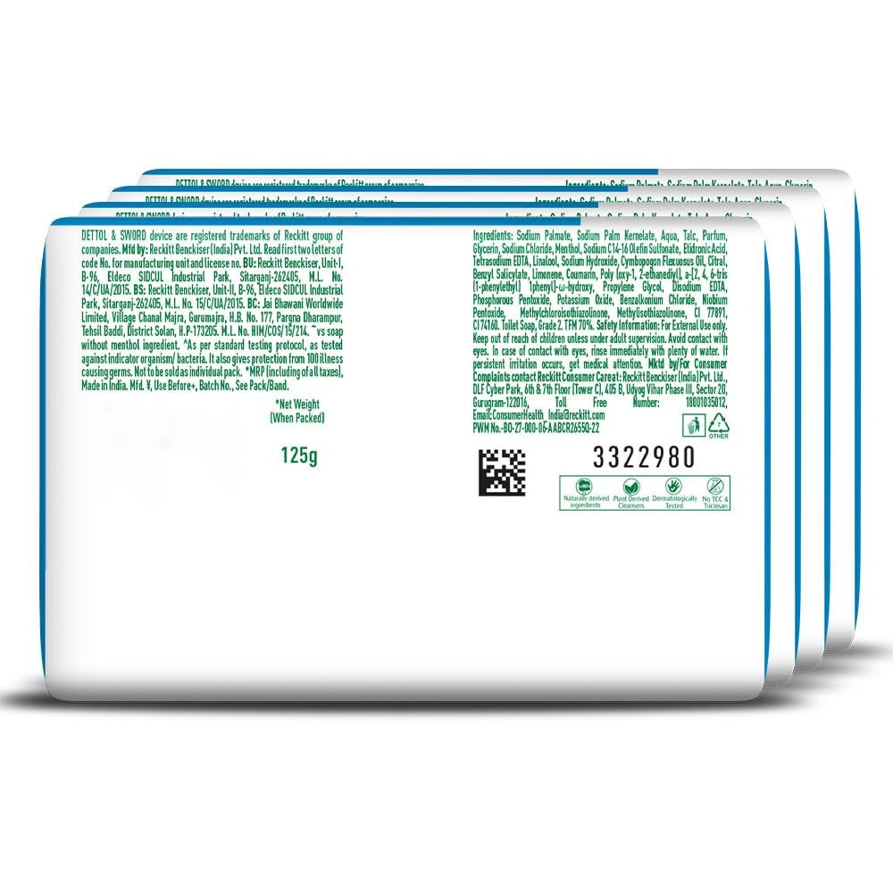 Dettol Icy Cool Bathing Soap Bar With 3x intense cooling (625gm), 125gm - Pack of 5,Dettol Icy Cool Soap, Cooling Bathing Bar, Menthol Soap,