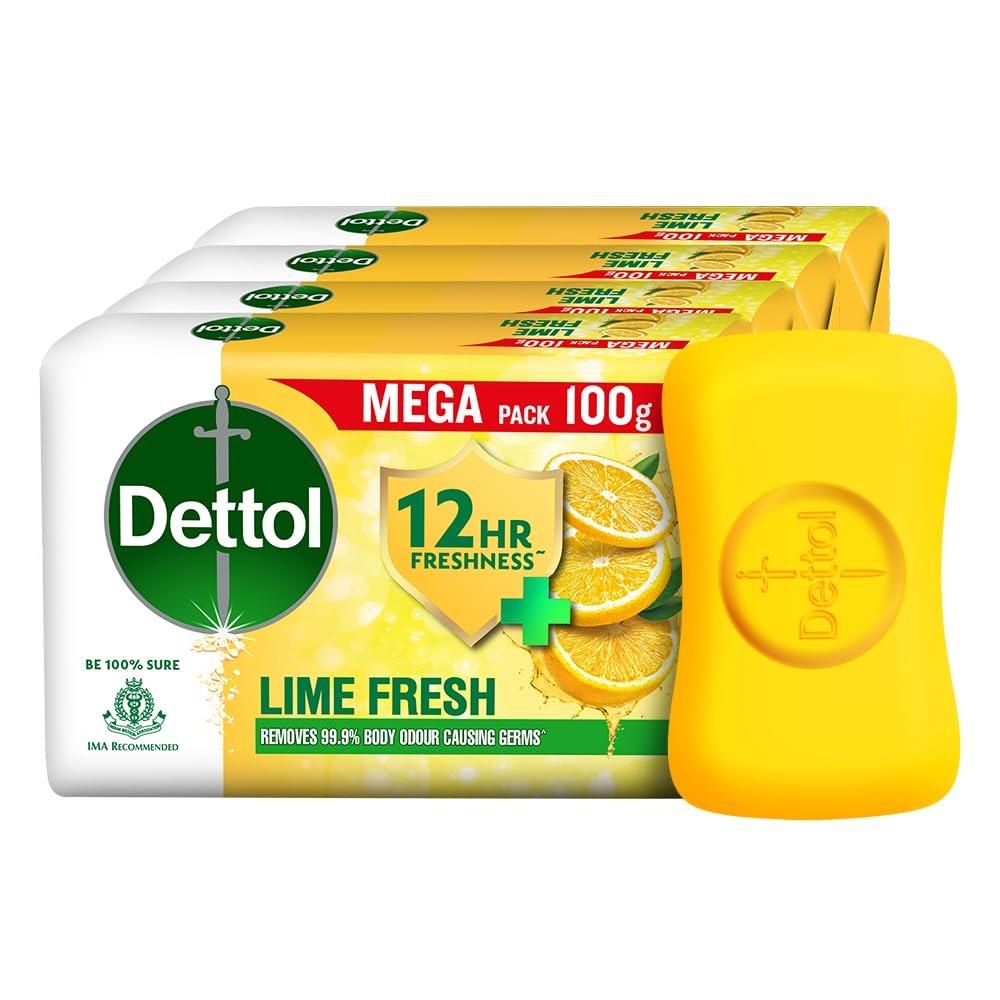Dettol Lime Fresh (Lime Cool) Bathing Soap Bar with 12hr Freshness (400gm) |Long Lasting Freshness, 100gm Pack of 4,Dettol Lime Fresh Soap,