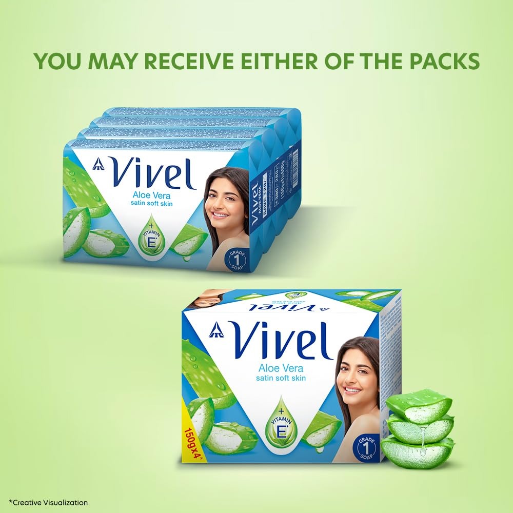Vivel Aloe Vera Grade 1 Bathing Soap with Vitamin E for Soft Glowing skin, 600g (150g - Pack of 4), Soap for Women & Men, For All Skin Types,Vivel soap,