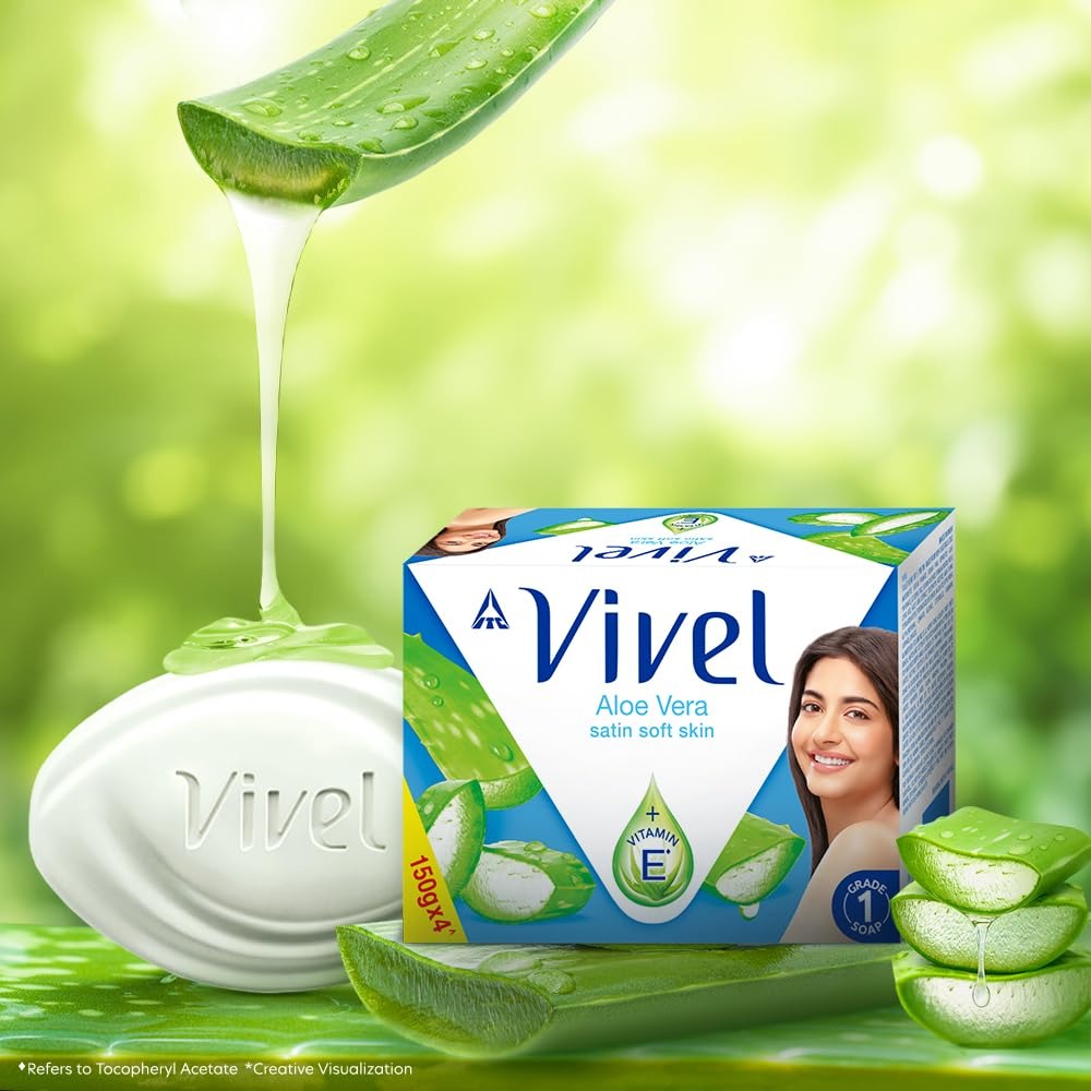 Vivel Aloe Vera Grade 1 Bathing Soap with Vitamin E for Soft Glowing skin, 600g (150g - Pack of 4), Soap for Women & Men, For All Skin Types,Vivel soap,