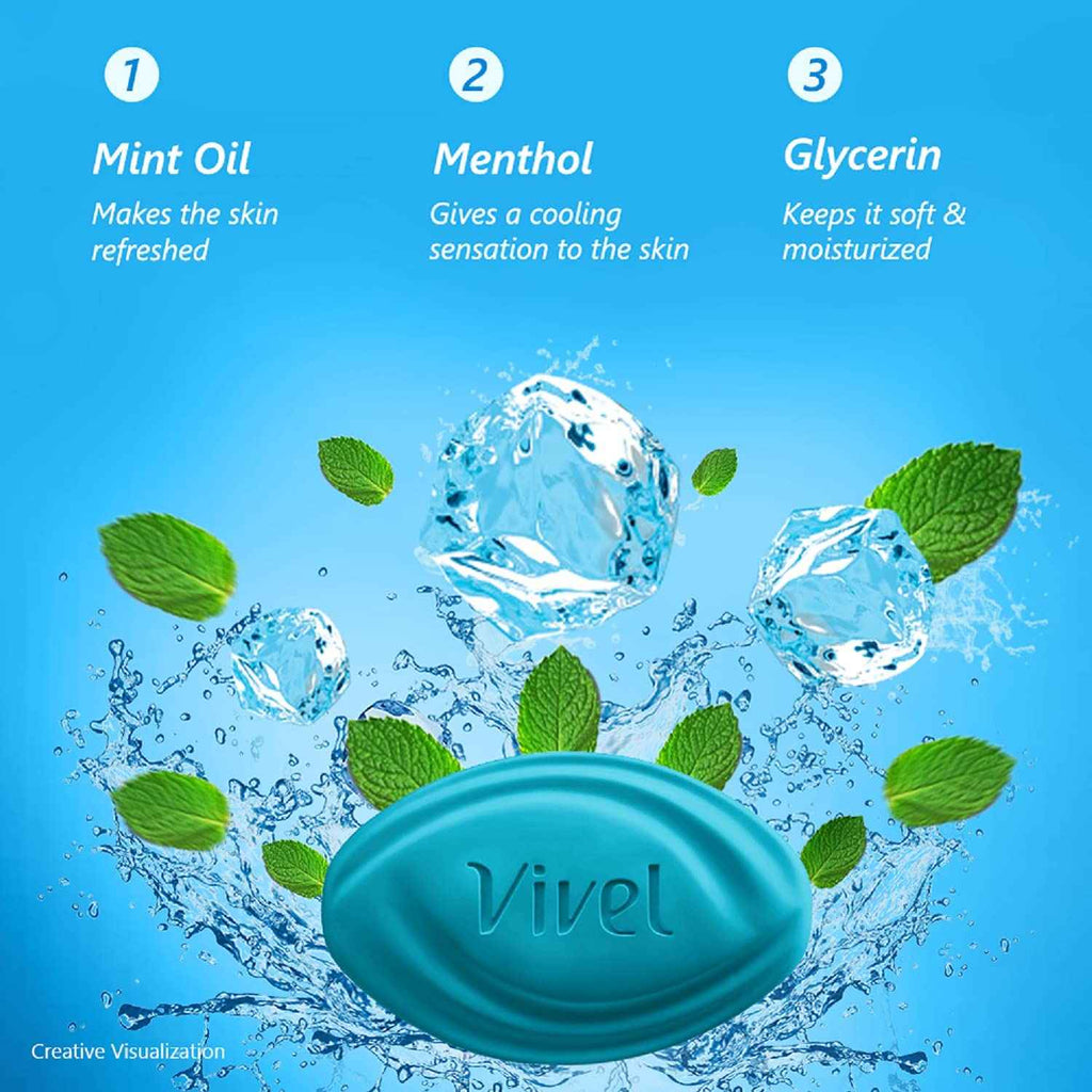 Vivel Cool Mint, Soft Fresh Skin Soap, 600g (150g - Pack of 4), Soap for Women & Men for Soft, Glowing & Moisurised Skin, All Skin Types,Vivel Cool Mint soap,