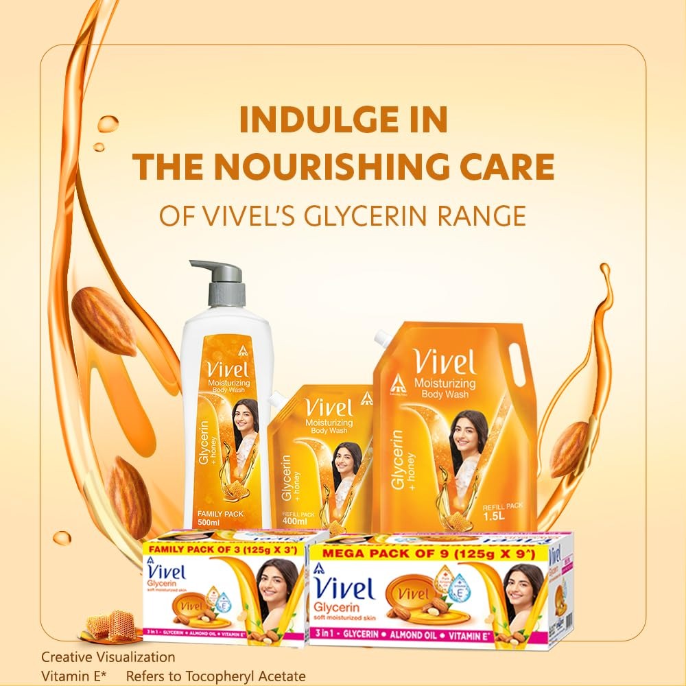 Vivel Glycerin Bathing Bar Soap for Soft Moisturized Skin with Pure Almond Oil & Vitamin E, Special Pack 125gx3 (Pack of 3),Vivel glycerin soap, moisturizing