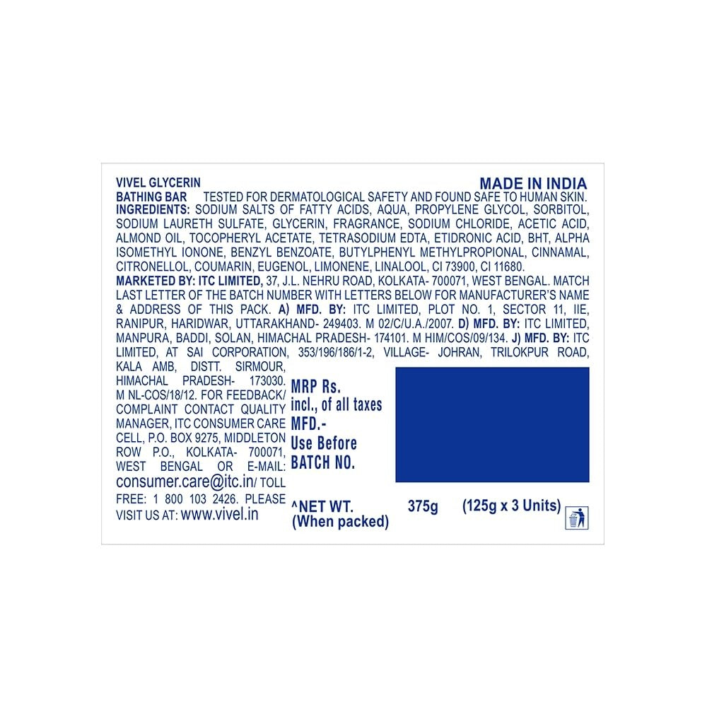 Vivel Glycerin Bathing Bar Soap for Soft Moisturized Skin with Pure Almond Oil & Vitamin E, Special Pack 125gx3 (Pack of 3),Vivel glycerin soap, moisturizing