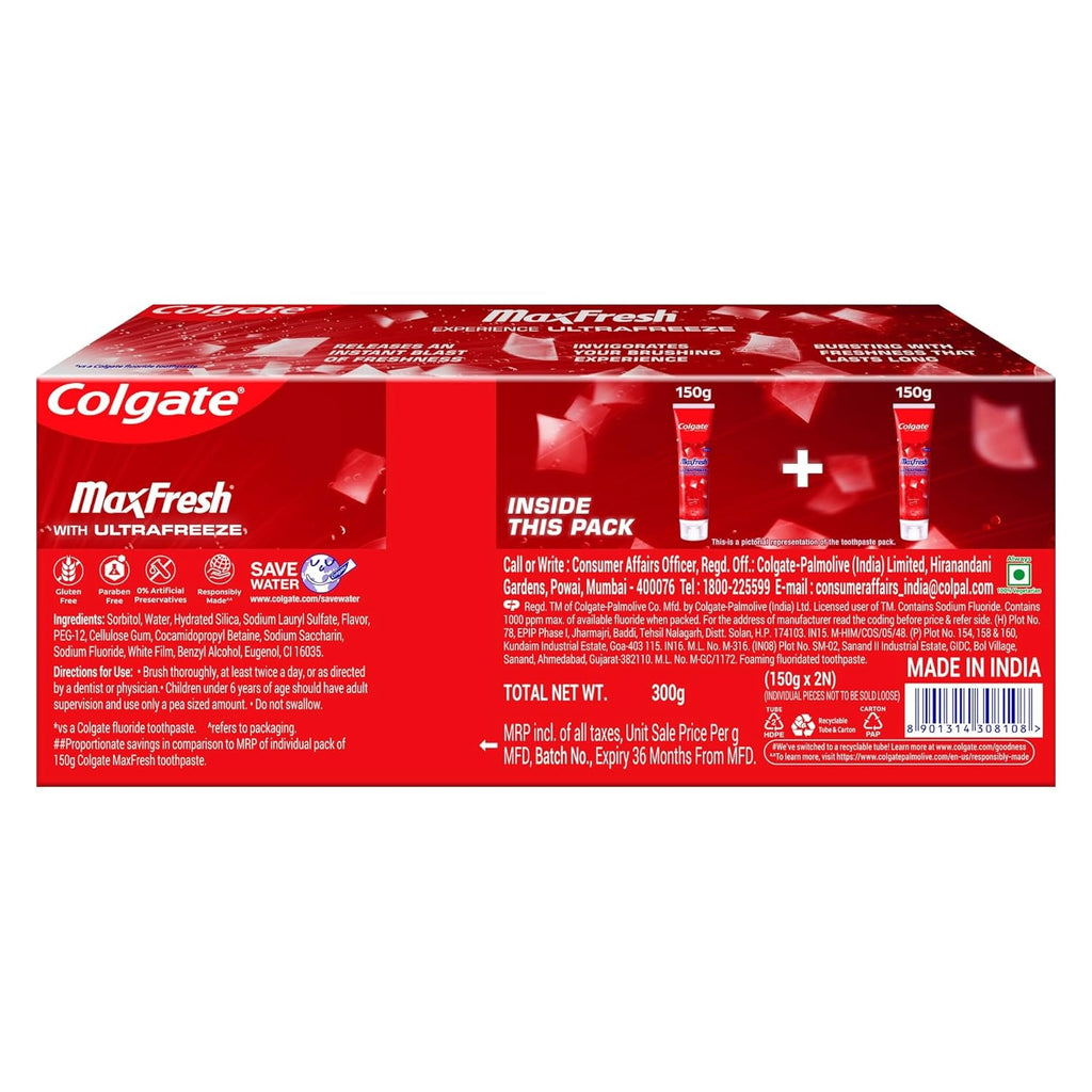 Colgate Max Fresh Toothpaste, Red Gel Paste with Menthol For Tooth Decay Prevention, Cavity Protection, Gum Protection, Whitening, Eliminates Bad Breath (300g,