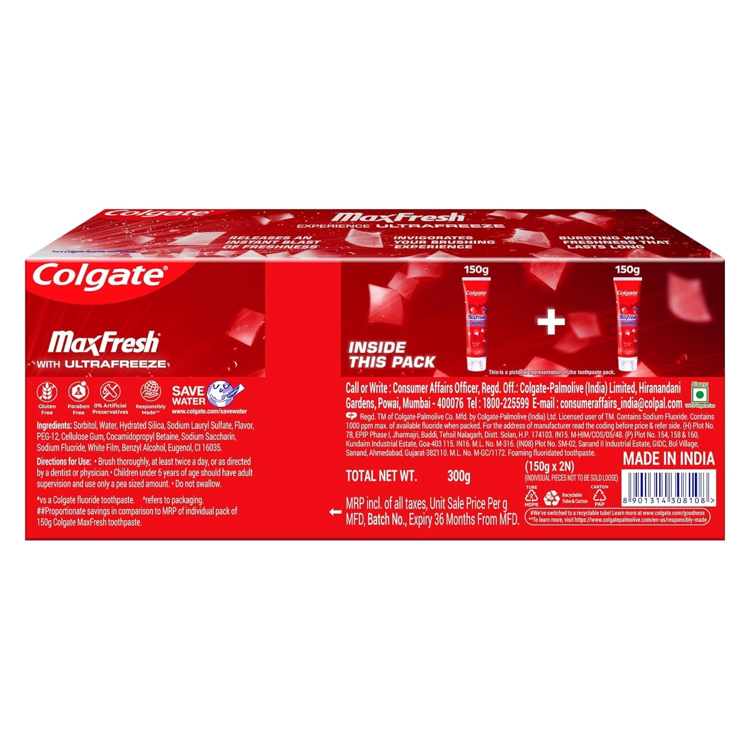 Colgate Max Fresh Toothpaste, Red Gel Paste with Menthol For Tooth Decay Prevention, Cavity Protection, Gum Protection, Whitening, Eliminates Bad Breath (300g,