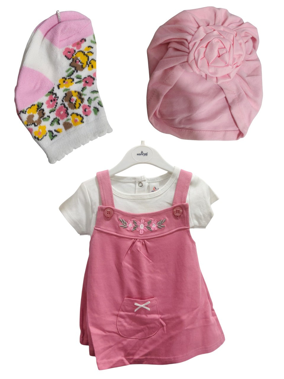 Luxe Momsbabe Girl Corduroy Overall Dress Set with Cute Turban Hat & 1 Pair Socks – Soft & Stylish Combo|MRP-350/-|