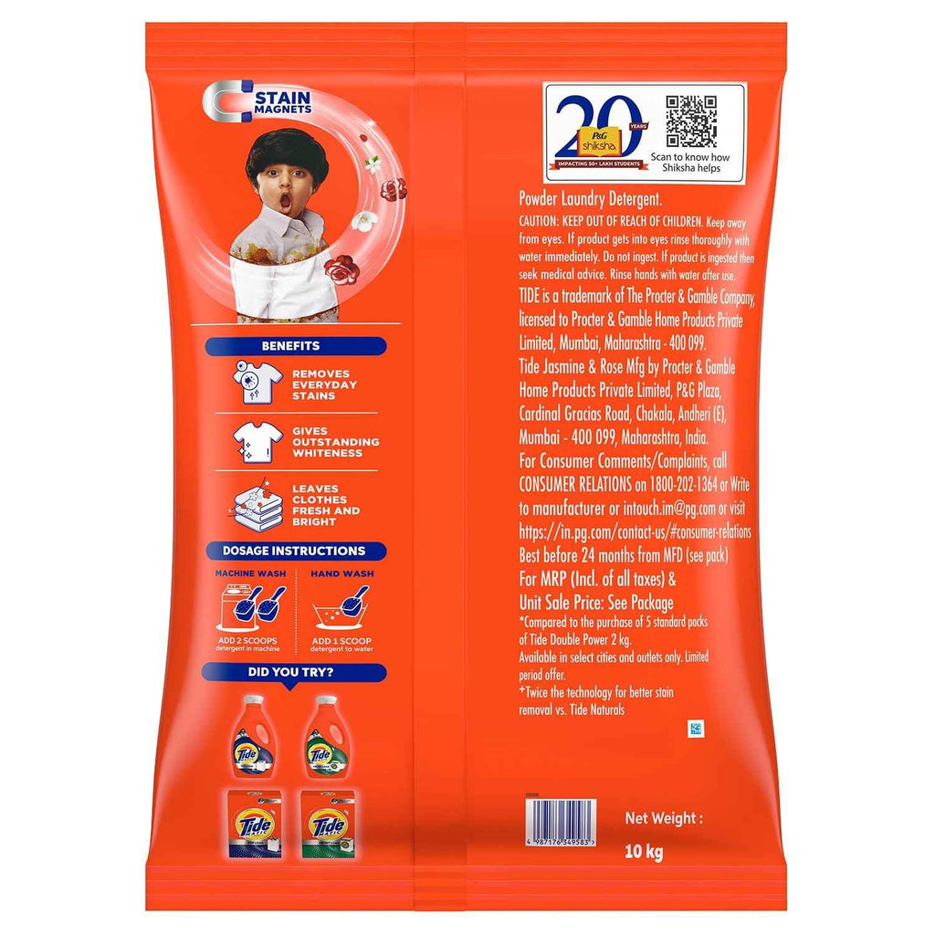 Tide Plus Detergent Washing Powder - 10kg Mega Saver Pack | Jasmine & Rose Fragrance | Removes deep-seated Oil, Gravy, Tea Stains | World's No. 1 Detergent