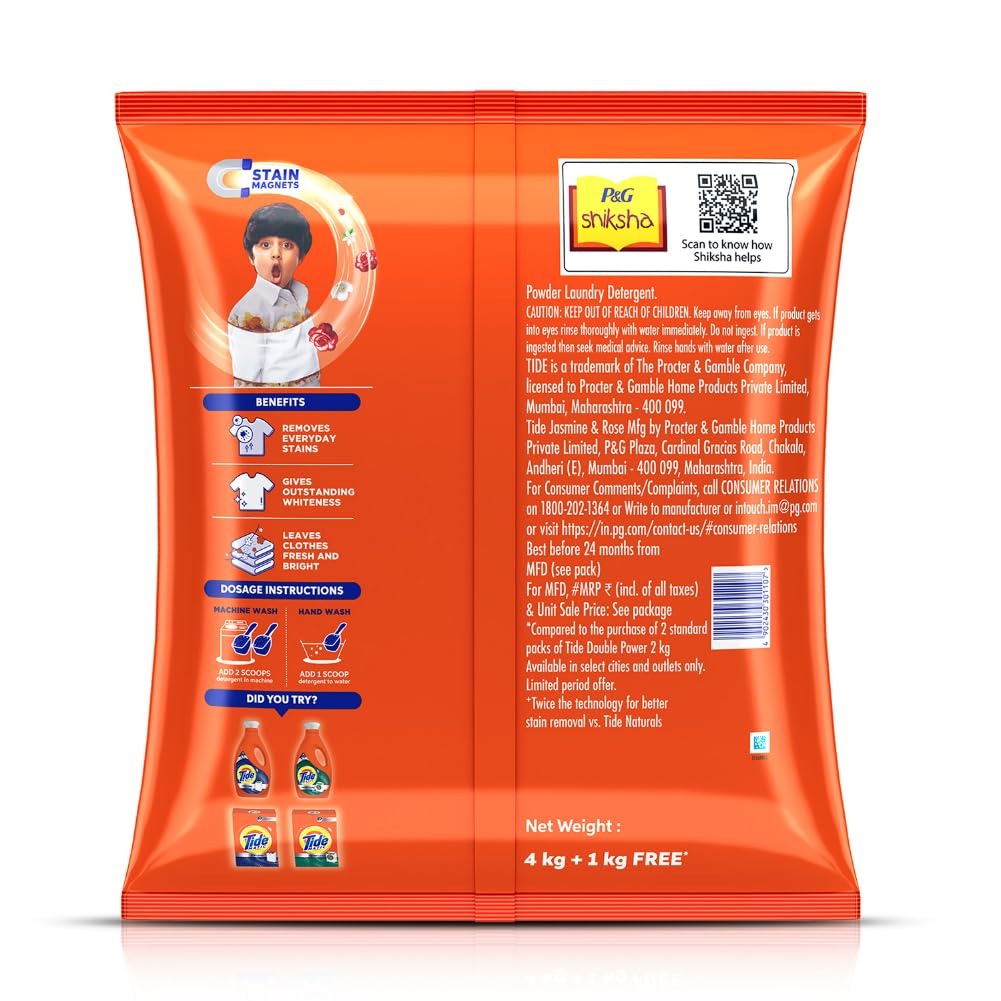 Tide Plus Double Power Detergent Washing Powder - 4 kg + 1 Kg Free (Jasmine and Rose),Tide detergent, Tide Plus Double Power, washing powder, jasmine & rose