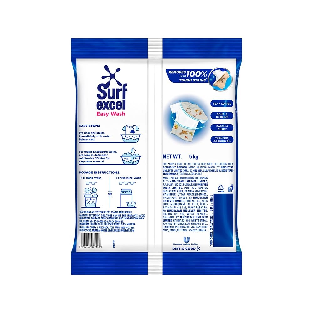 Surf Excel Easy Wash Detergent Powder - 5 Kg,Surf Excel, Easy Wash, Detergent Powder, 5 Kg, Quick Dissolve, Stain Removal, Machine Wash, Hand Wash, Laundry Care