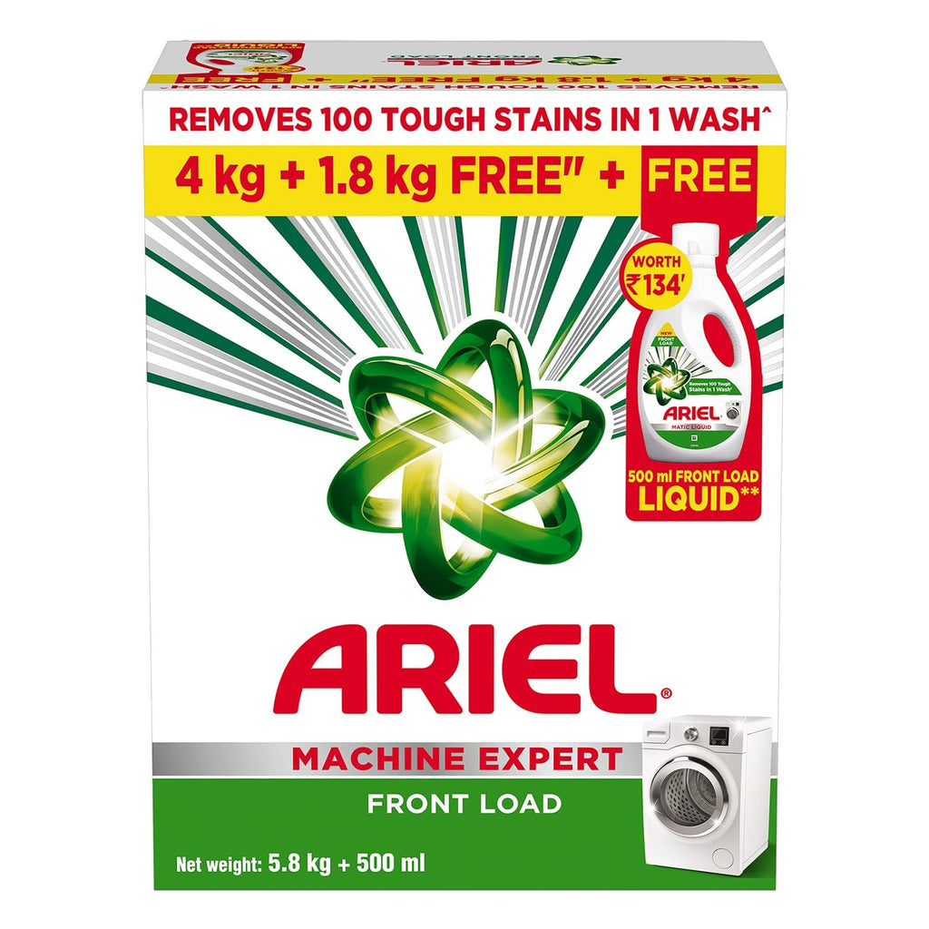 Ariel Matic Machine Expert Detergent Powder Front Load - 4Kg + 1.8kg + 500ml Liquid free | Removes 100 Tough Stains in 1 wash | Specially Designed for Washing