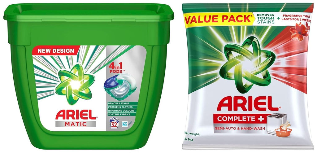 Ariel Complete + Detergent Washing Powder- 4Kg Value Pack & 4In1 Pods Detergent Pack 32 Ct -for Top & Front Load Washing Machine Only,Ariel Complete+,